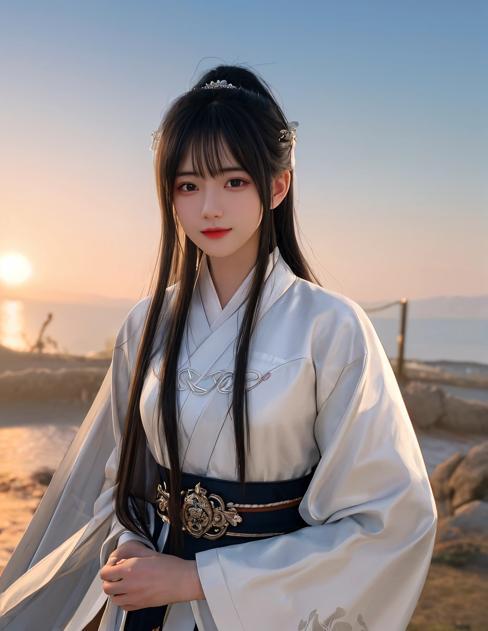 Alone,((Shoot real,realistic shaded,)),((ultra - detailed)),Accurately executed CG 8k wallpaper,Extremely Delicately Beautiful,overexposure,very detailed nipples,电影灯光,Movie highlights hair,(Best quality),((tmasterpiece)),1 sister,黑The eye,black hair color hair,sitted, Background with,white backgrounid,Hanfu,Upp_body,agilawood,