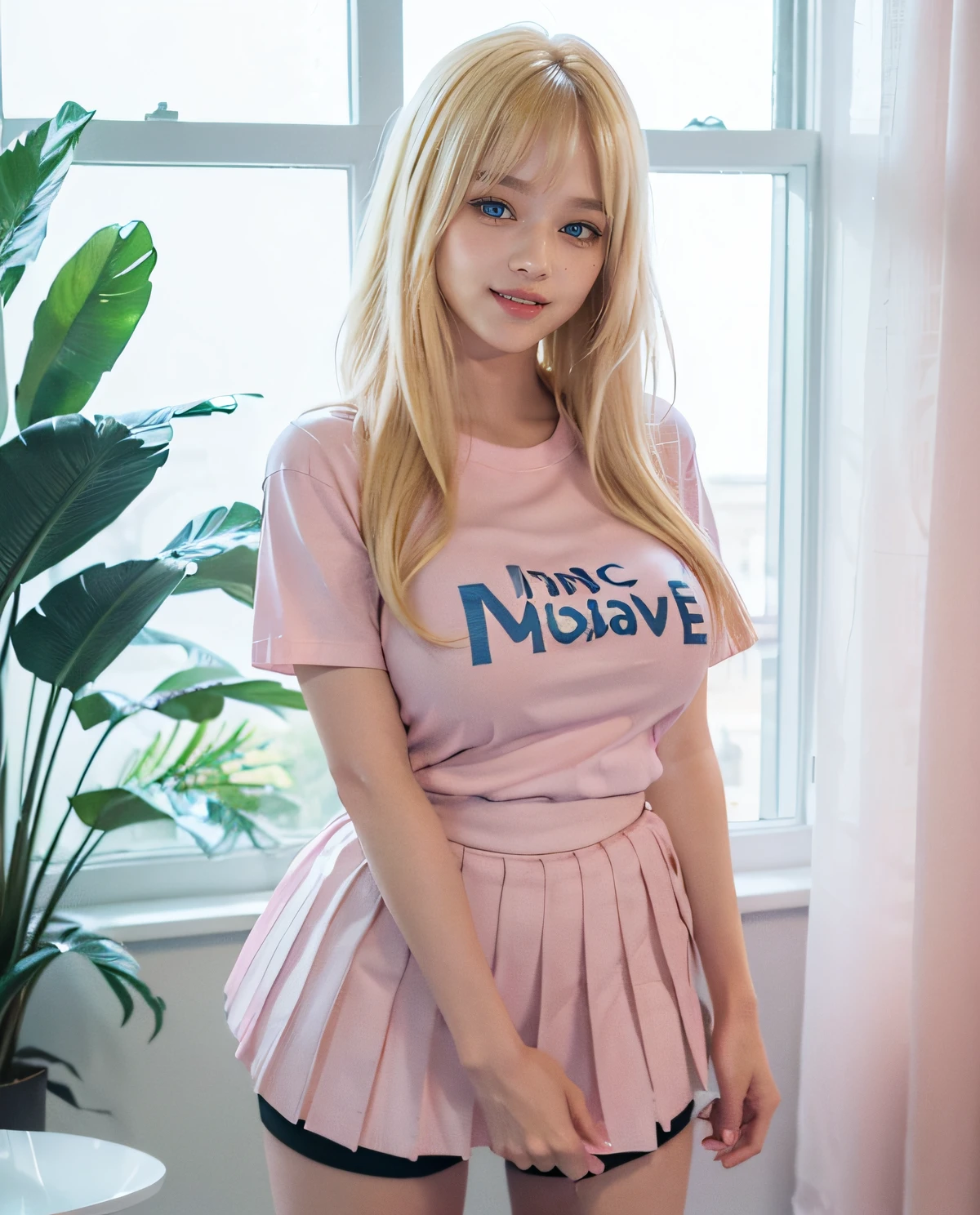 blonde sitting on the bed in a pink shirt and white sheet, full height, The entire theme is shown in the photo, absolutely outstanding image, full image, full body view, advertising image, product photo, Alexa Grace, full body view, Monika, официальное product photo, young , navel, Вид в full height, official product image