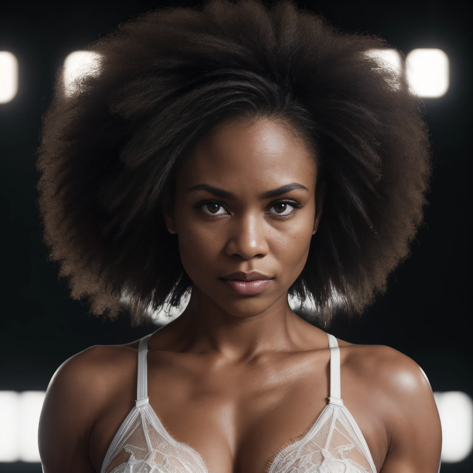 (photograph of a 42 year old Melanesian woman), (white skimpy lingerie, MMA gloves), (highly detailed face:1.4), (muscles:1.2), (MMA pose:1.4), (background inside light, bright, private gym:1.1), (8k, uhd, dslr, high quality, cinematic lighting, bokeh), (dramatic, award winning photography, incredible masterpiece:1.3), (lusty aroused stare at camera), (((she looks ready to beat you up))), sexy afro