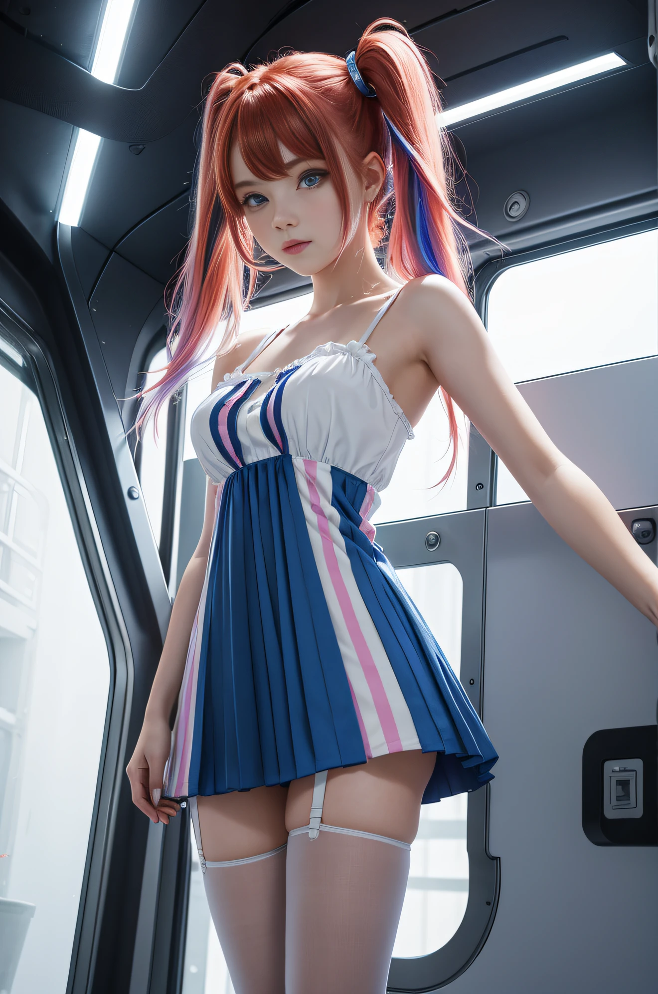 cute redhead with rainbow colored hair tips, ribbons in her hair, 18-year-old woman, happy, in twin tails, perfect symmetrical eyes, clear sparkling blue eyes, pale skin, silky smooth skin, standing on a fancy metal luxurious space ship, futuristic corridor, dark warm lighting, wearing a futuristic chemise over tank top and a pleated (chemise) mini dress (pastel colors, led lights and stripes), wearing full body pantyhose, cute short cut booties.