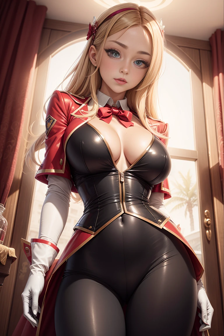 (masutepiece, side lights, fine detailed beautiful eyes: 1.2), luscious skin,((Solo)),(scarlet eyes),Hanging eye corners,(highdetailskin),(perfect bodies),beautiful a girl,Little Breast,((A dream jacket uniform that covers the chest)),(Satin color),(Short gloves are as short as half a palm),lacepantyhose,high-waist pants