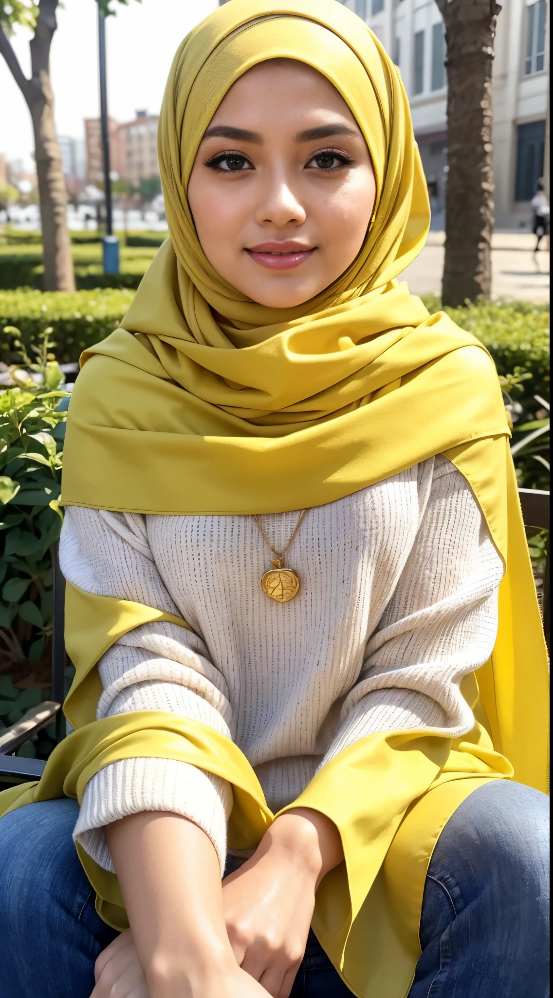 RAW, Best quality, high resolution, masterpiece: 1.3), beautiful Malay woman in hijab,Masterpiece, perfect slim fit body, (Huge breastig gorgeous eyes, Soft smile,woman in a yellow scarf sitting in a city garden, lovely woman, hijab, malay, Beutifull girl, with lovely look, casual pose, beautiful lady, shawl, beautiful woman, with accurate, scarf,Delicate turtleneck, necklace, shairband, afternoon walk, City garden, Excellent lighting, Bright colors, Clean lines