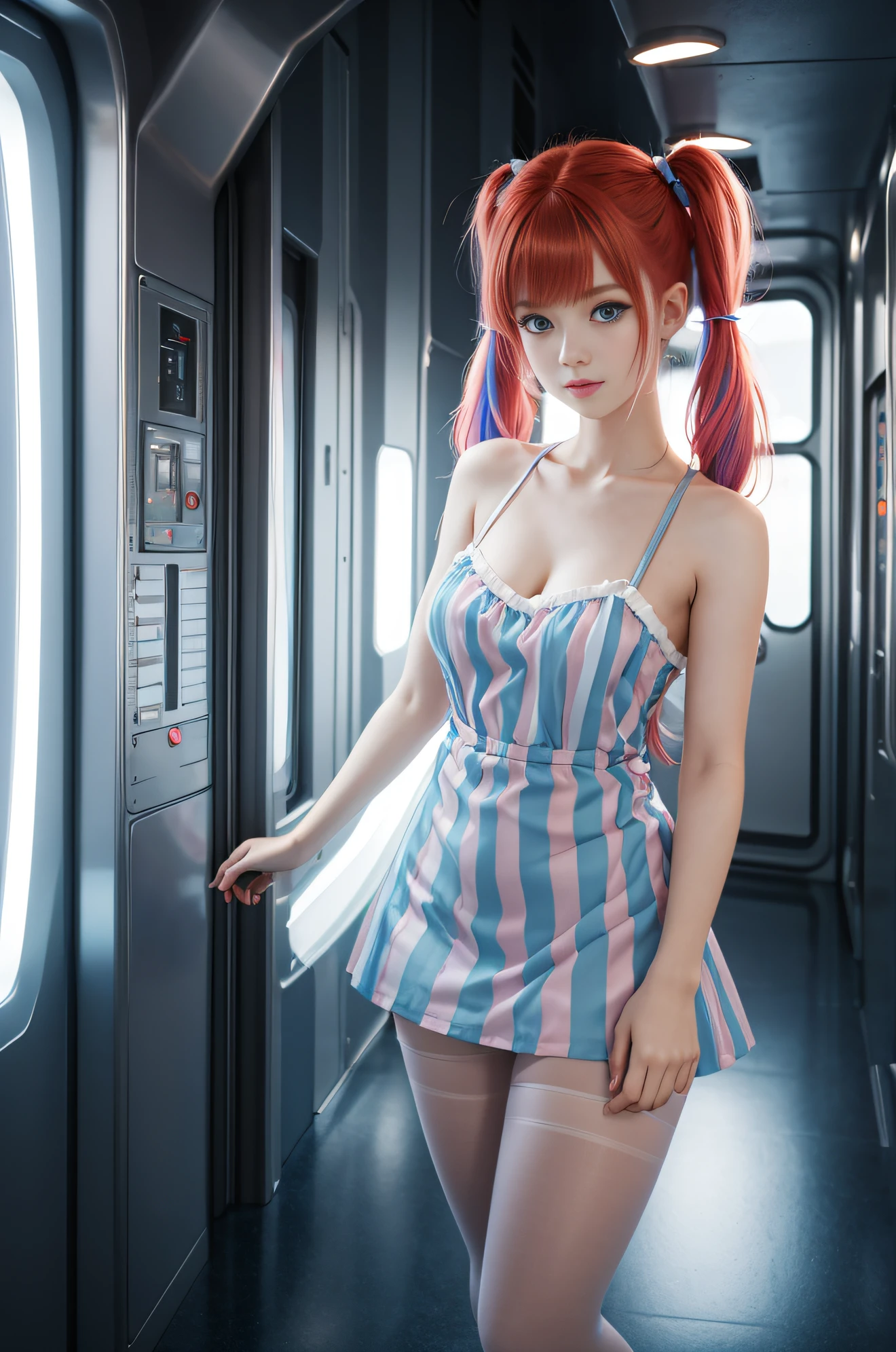 cute redhead with rainbow colored hair tips, ribbons in her hair, 18-year-old woman, happy, in twin tails, perfect symmetrical eyes, clear sparkling blue eyes, pale skin, silky smooth skin, standing on a fancy metal luxurious space ship, futuristic corridor, dark warm lighting, wearing a futuristic chemise over tank top and a pleated (chemise) mini dress (pastel colors, and stripes), wearing full body pantyhose, cute short cut booties.