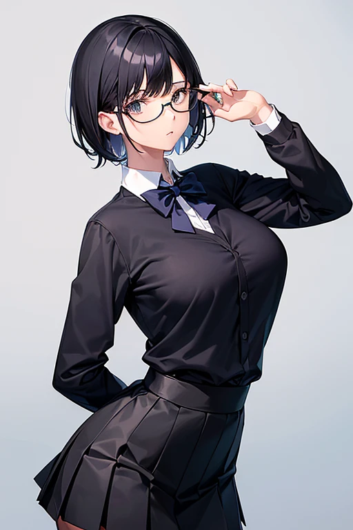 1 girl, (slim body:1.2), (huge breasts:1.1), (thin waist:1.2), black hair, short hair, black eyes, school uniform, white shirt, long sleeve shirt, navy blue pleated skirt, (black tights:1.1), light blue bowtie, red rimmed glasses, black loafers, (angle from the side:1.2), looking at viewer,