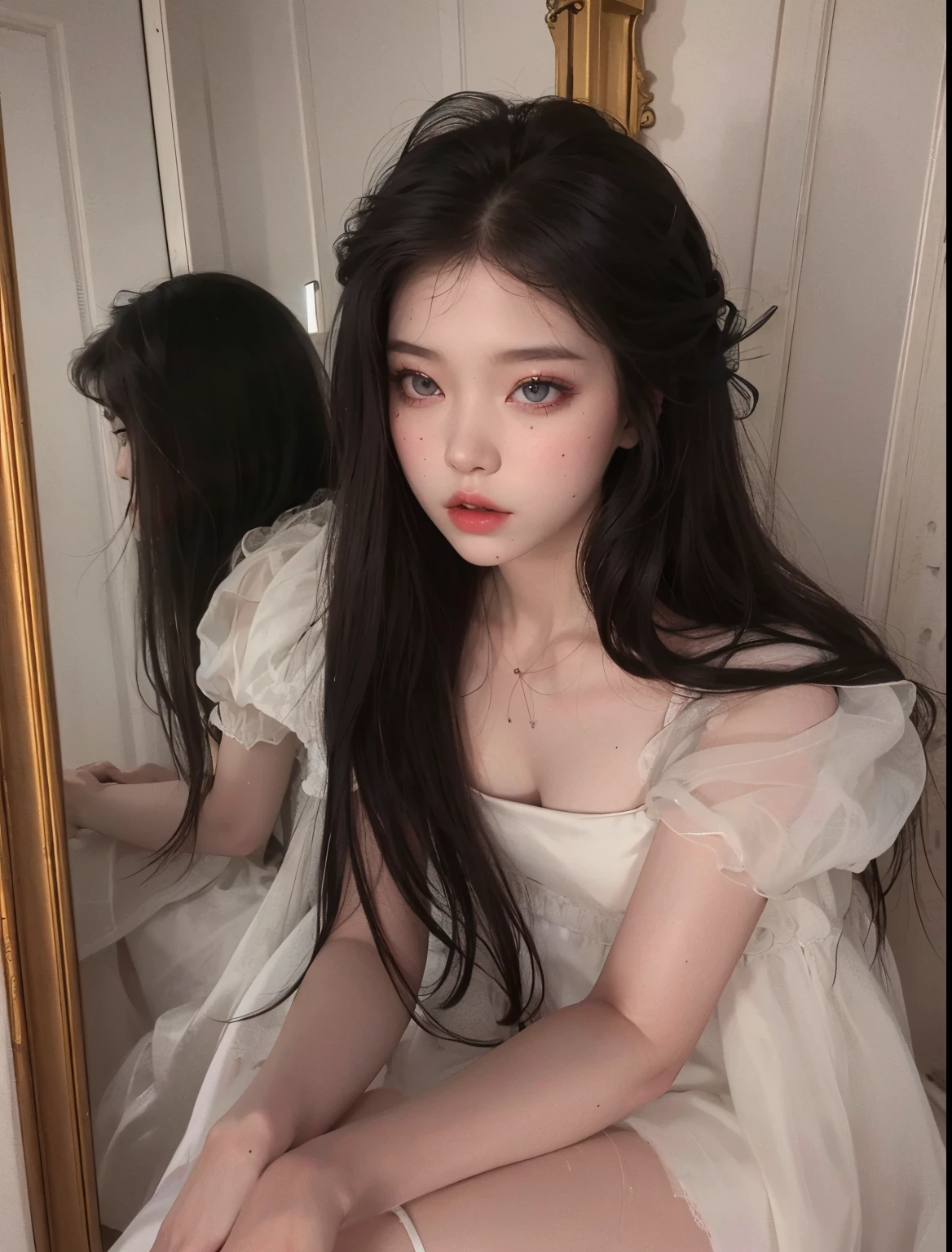 there a woman sitting in front of a mirror with a dress on, cruel korean goth girl, ulzzang, pale young ghost girl, pale porcelain white skin, white hime cut hairstyle, pale snow white skin, jinyoung shin, pale goth beauty, pale milky white porcelain skin, hair floating covering chest, with haunted eyes and dark hair, tumblr