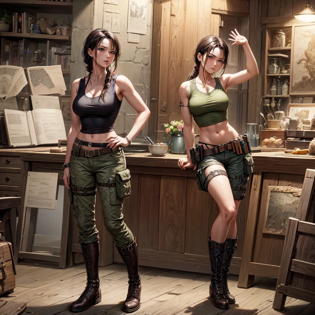 Outfbrace a fierce and adventurous look as Lara Croft, while staying practical. Opt for a fitted tank top with a high neckline, paired with comfortable and functional cargo pants. Add a unique twist with a patterned or camo-inspired outfit. Choose durable and supportive boots suitable for exploring. Accessorize with a utility belt and a sleek survival watch. Venue: A rugged and exotic archaeological site with ancient ruins and hidden treasures. Decoration: Keep the decor authentic and adventurous, with antique artifacts and maps. Add personalized touches like inspiring inscriptions or ancient artwork to create an immersive and thrilling atmosphere. BREAK, looking at viewer, masterpiece, best quality, highly detailed, desire, blush, (Beautiful and detailed eyes description), (beautiful and detailed face), Perfect female body, (Best Quality), (ultra-detailed), (master piece), (hight resolution), (Original), (the Extremely Detailed CG Unity 8K Wallpapers)