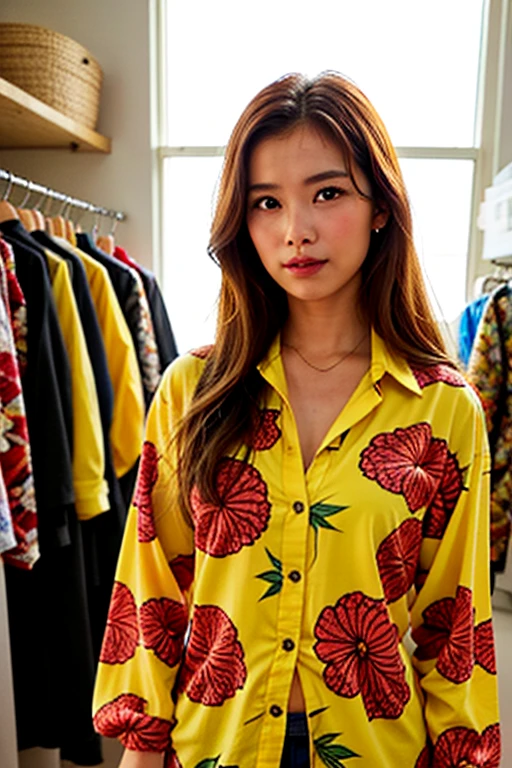 (Wearing a long aloha shirt at a surf shop)、Long aloha shirt with red and yellow pattern、shopping、20 year old woman standing normally、