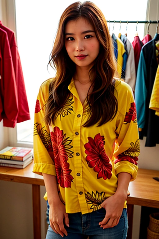 （Wearing a long Hawaiian shirt at a surf shop）、（Short Bob Hair）Long aloha shirt with red and yellow pattern、shopping、20 year old woman standing normally、