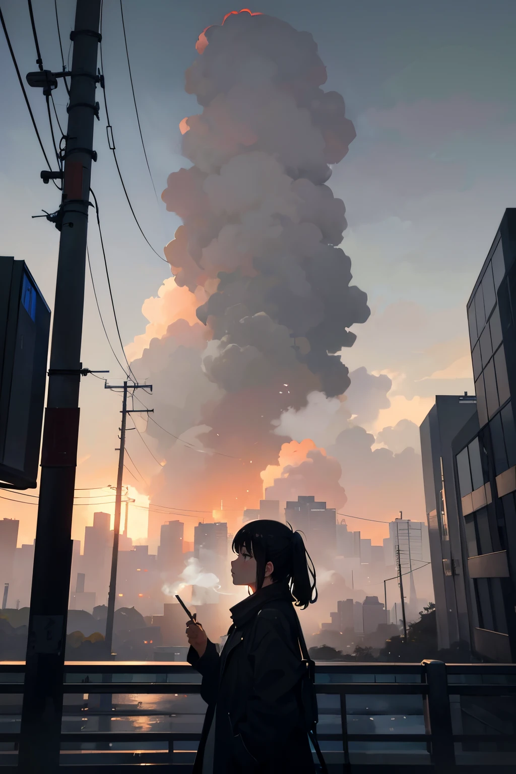 In a Tokyo urban setting, the silhouette of a girl leans against the wall, cigarette in hand. The gray focus emphasizes the vastness of the landscape as she gazes up at the sky, with the smoke from her cigarette subtly weaving into the scene, adding a touch of mystery, serenity face