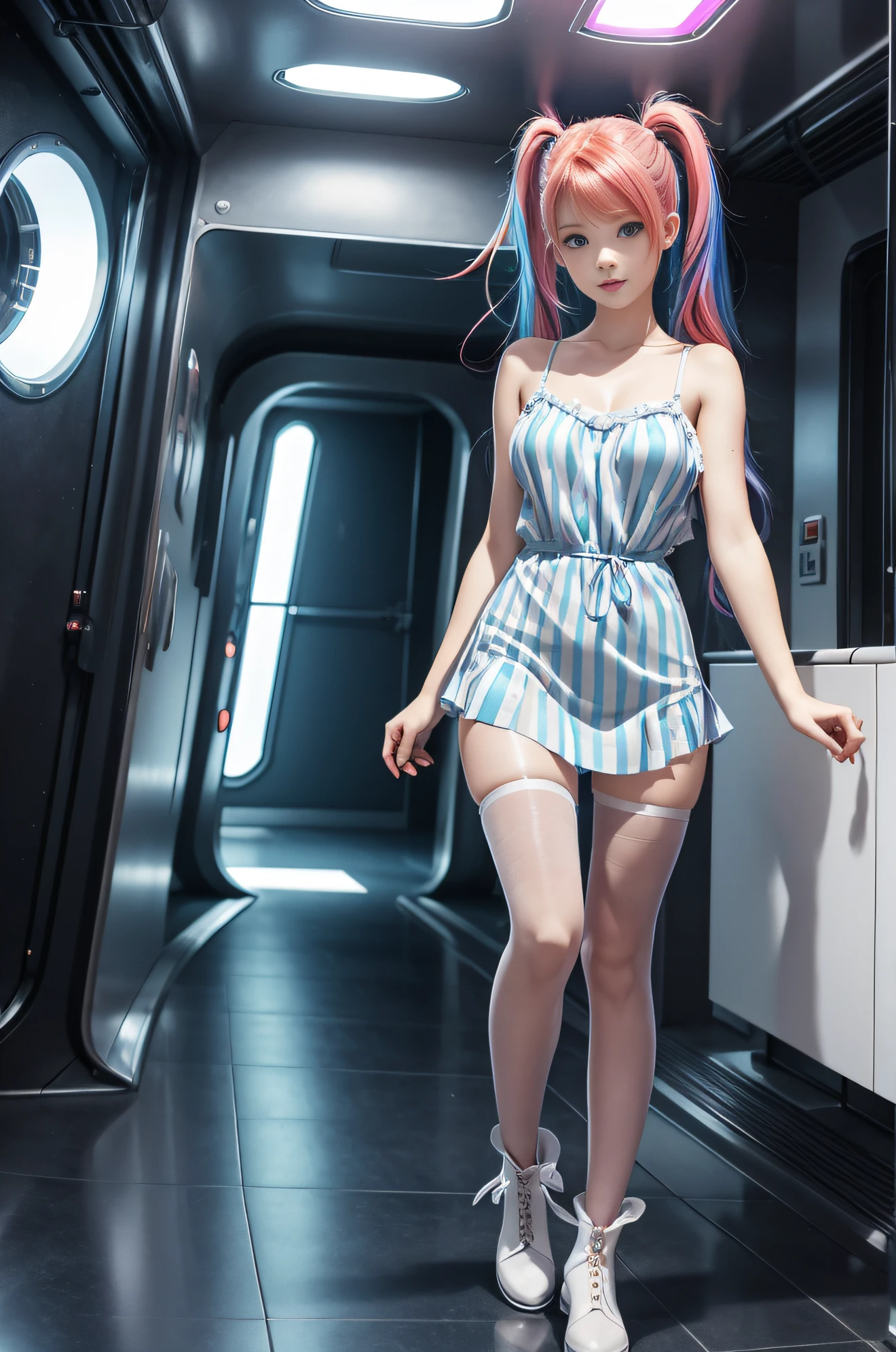 cute redhead with rainbow colored hair tips, ribbons in her hair, 18-year-old woman, happy, in twin tails, perfect symmetrical eyes, clear sparkling blue eyes, pale skin, silky smooth skin, standing on a fancy metal luxurious space ship, futuristic corridor, dark warm lighting, wearing a futuristic chemise over tank top and a pleated (chemise) mini dress (pastel colors, led lights and stripes) (semi-sheer), wearing full body pantyhose, cute short cut booties.