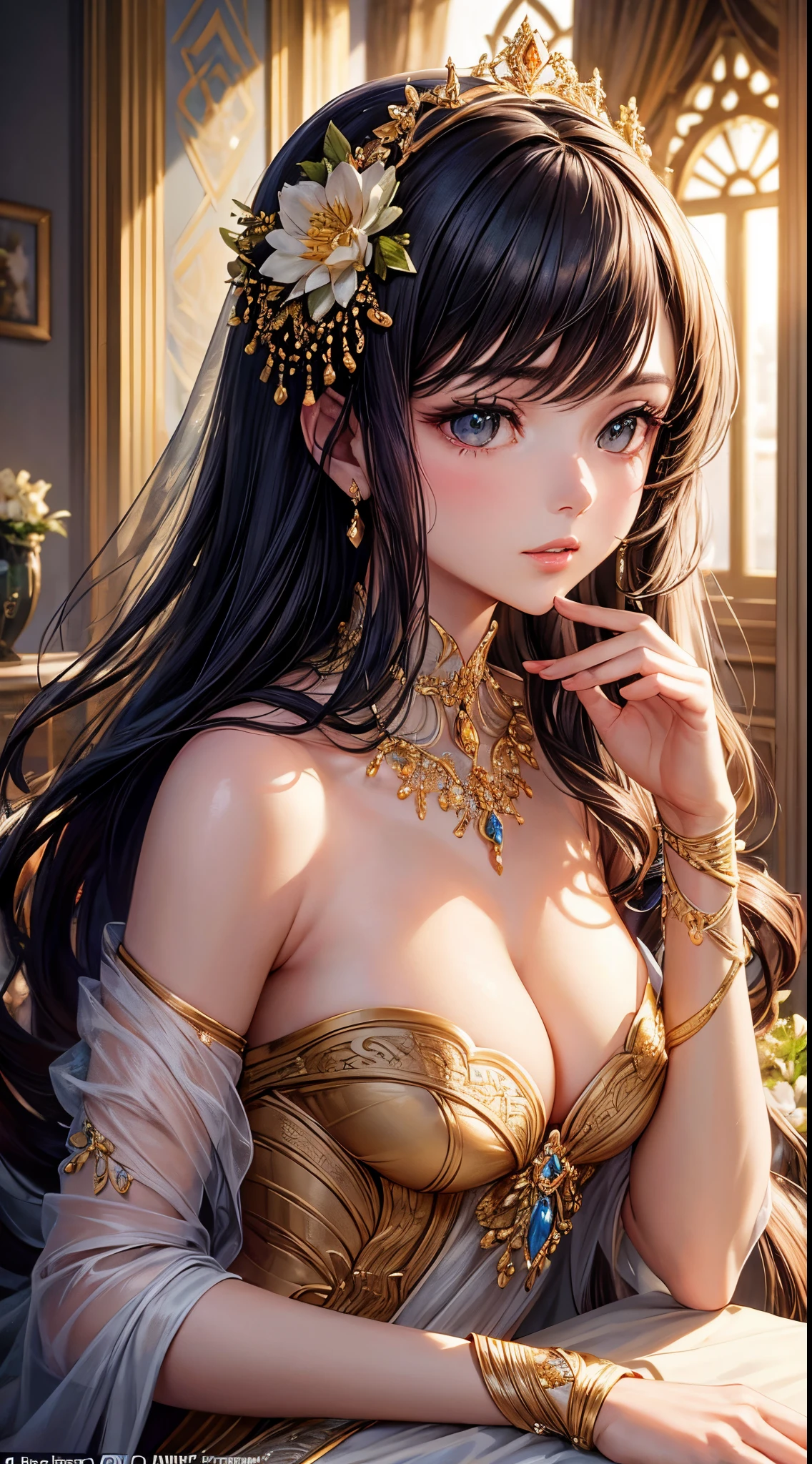 Captivate the beauty of a woman adorned in an elegant ensemble, showcasing a blend of sophistication and allure. Imagine her in a mesmerizing pose, bathed in cinematic lighting that accentuates the graceful flow of her attire. Craft a scene with intricate details – blooming flowers, soft natural sunlight, and a touch of artistic flair. Prioritize realism through techniques like depth of field, soft focus, and subtle contrast. Create a composition reminiscent of a timeless masterpiece, ensuring that her clothing enhances the overall allure of the image.