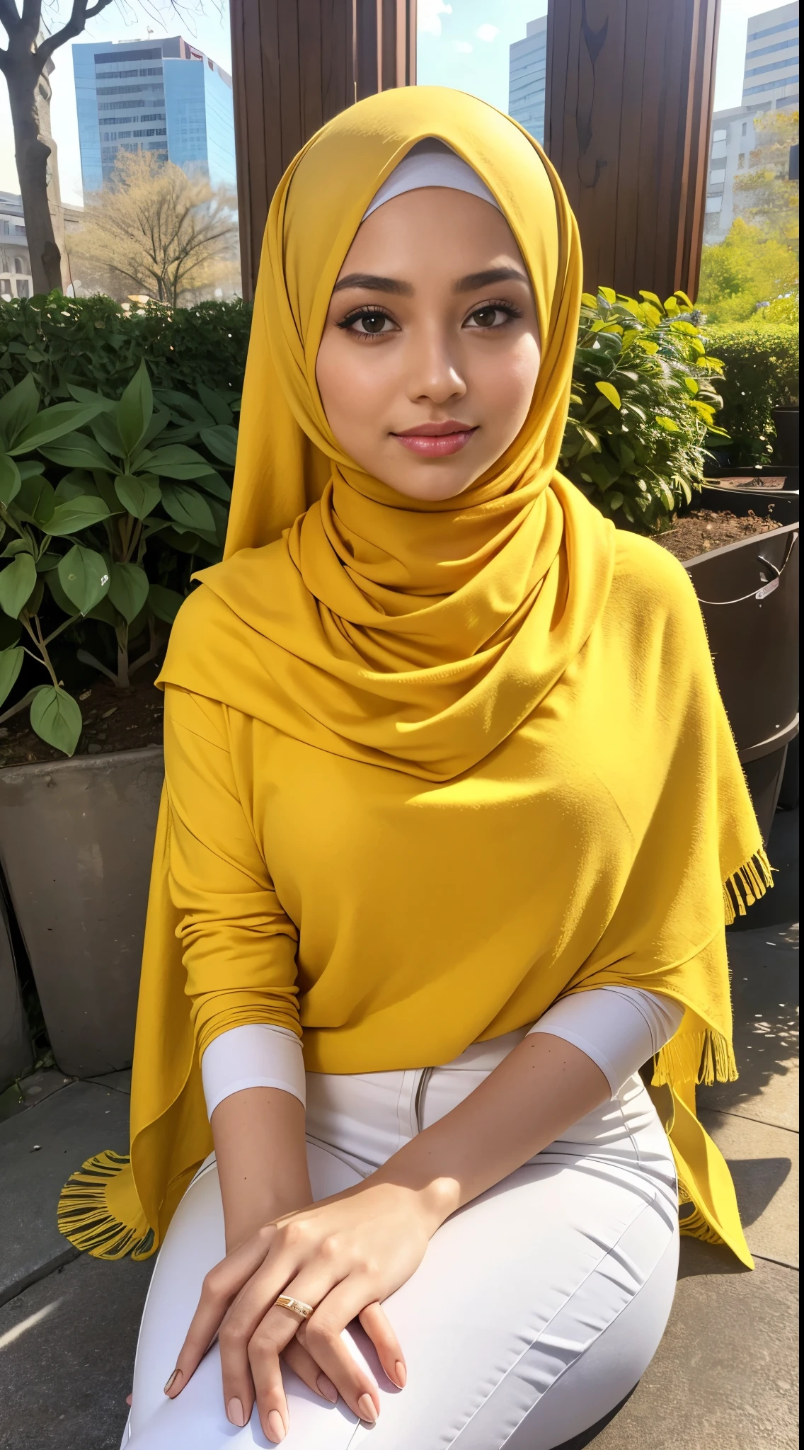 (colese up),RAW, Best quality, high resolution, masterpiece: 1.3), beautiful Malay woman in hijab,Masterpiece, perfect slim fit body, (Huge breastig gorgeous eyes, Soft smile,woman in a yellow scarf sitting in a city garden, lovely woman, hijab, malay, Beutifull girl, with lovely look, casual pose, beautiful lady, shawl, beautiful woman, with accurate, scarf,Delicate turtleneck, necklace, shairband, afternoon walk, City garden, Excellent lighting, Bright colors, Clean lines