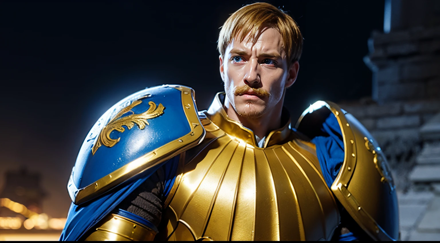 escanor, gold armor, full armor, upper body, detailed eyes, detailed face, solo, 1boy, realistic, blue shield, gold armor, detailed armor