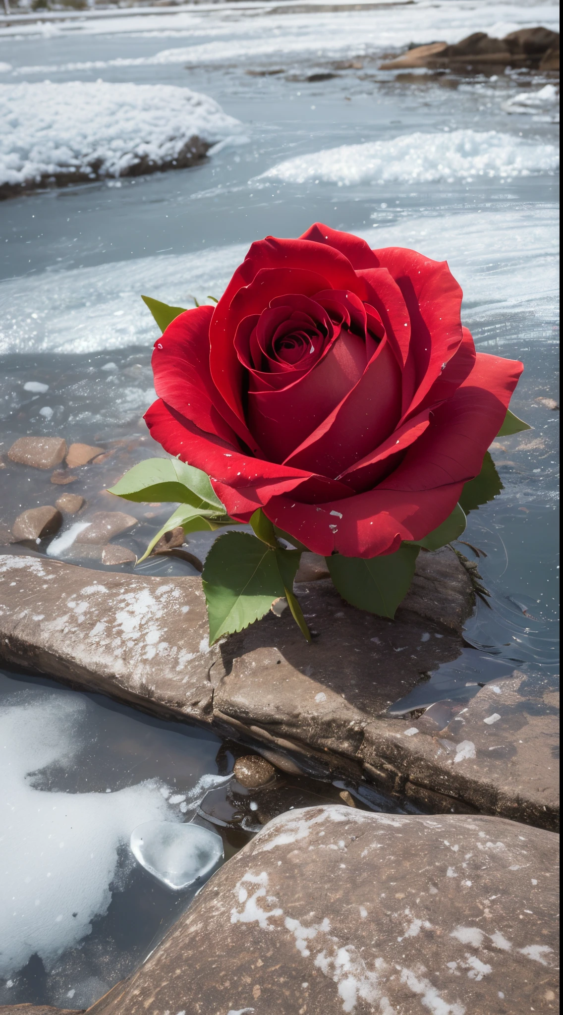 a crimson rose blooms on a cracked frozen lake with a white background --auto --s2