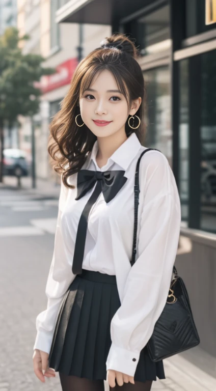 (One student 1.5),(realisticlying,Realistic1.5),((Best quality, 8K, tmasterpiece:1.3)),SLR camera (二重まぶた,largeeyes:1.3),(smile1.5),(Full body photo 1.5)(1 person 1.5)clear focus 1.2, perfect body beautiful:1.4 , Delicate skin 1.1,(Brown ponytail 1.6),(Wavy curls 1.4),(pure 1.3)(Black pantyhose 1.5)(The leg length one meter two,1.5),white shirt,Bow knot,Pleated skirt makes legs slimmer,high-heels,horn with earrings,Park wooden bridge