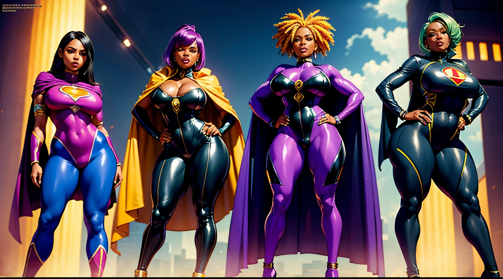 photorealistic, detailed, three African American women, supervillain, supervillain costume, dressed like a supervillain, bad girls, colorful hair, beautiful, sexy, cute pose for the camera, spandex tights, high heels, Best quality, 8k, 32k, Masterpiece, UHD, 32K wallpaper, sport stadium background, cape, voluptuous, and thick body figure, showing anger, laughing, devious look, evil looking, black women