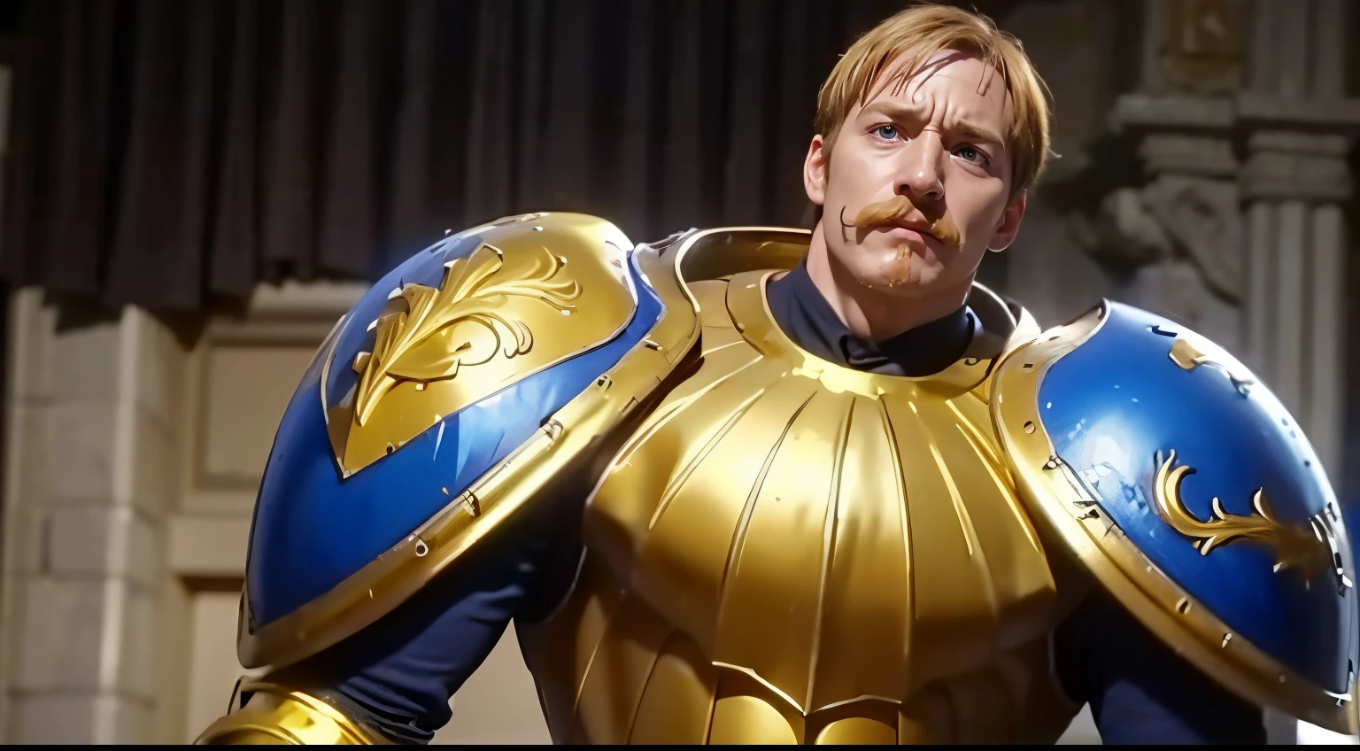 escanor, gold armor, full armor, upper body, detailed eyes, detailed face, solo, 1boy, realistic, blue shield, gold armor