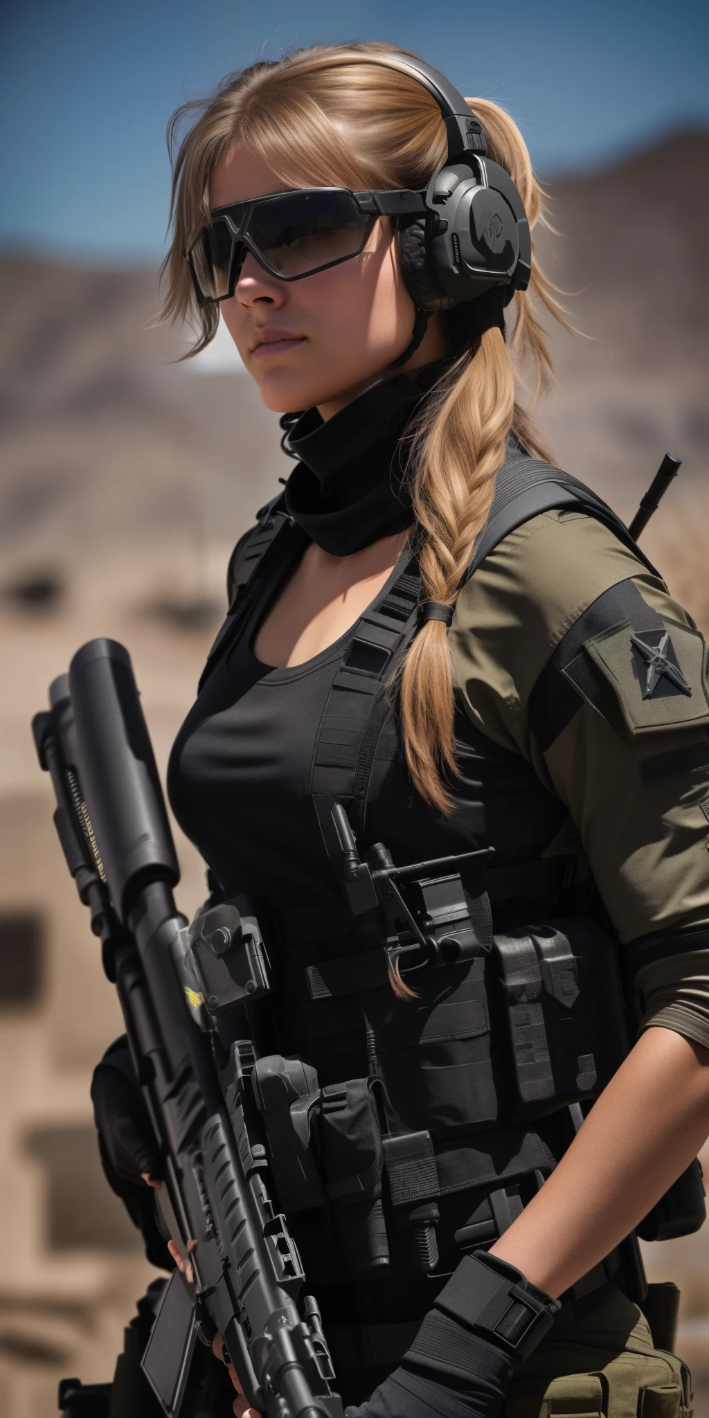 a woman in a black outfit holding a rifle and wearing headphones, soldier girl, mechanized soldier girl, military girl, beautiful female soldier, female lead character, infantry girl, of a sniper girl in war, solo female character, future combat gear, close up half body shot, quiet from metal gear solid v, wearing tactical gear, dressed in tactical armor