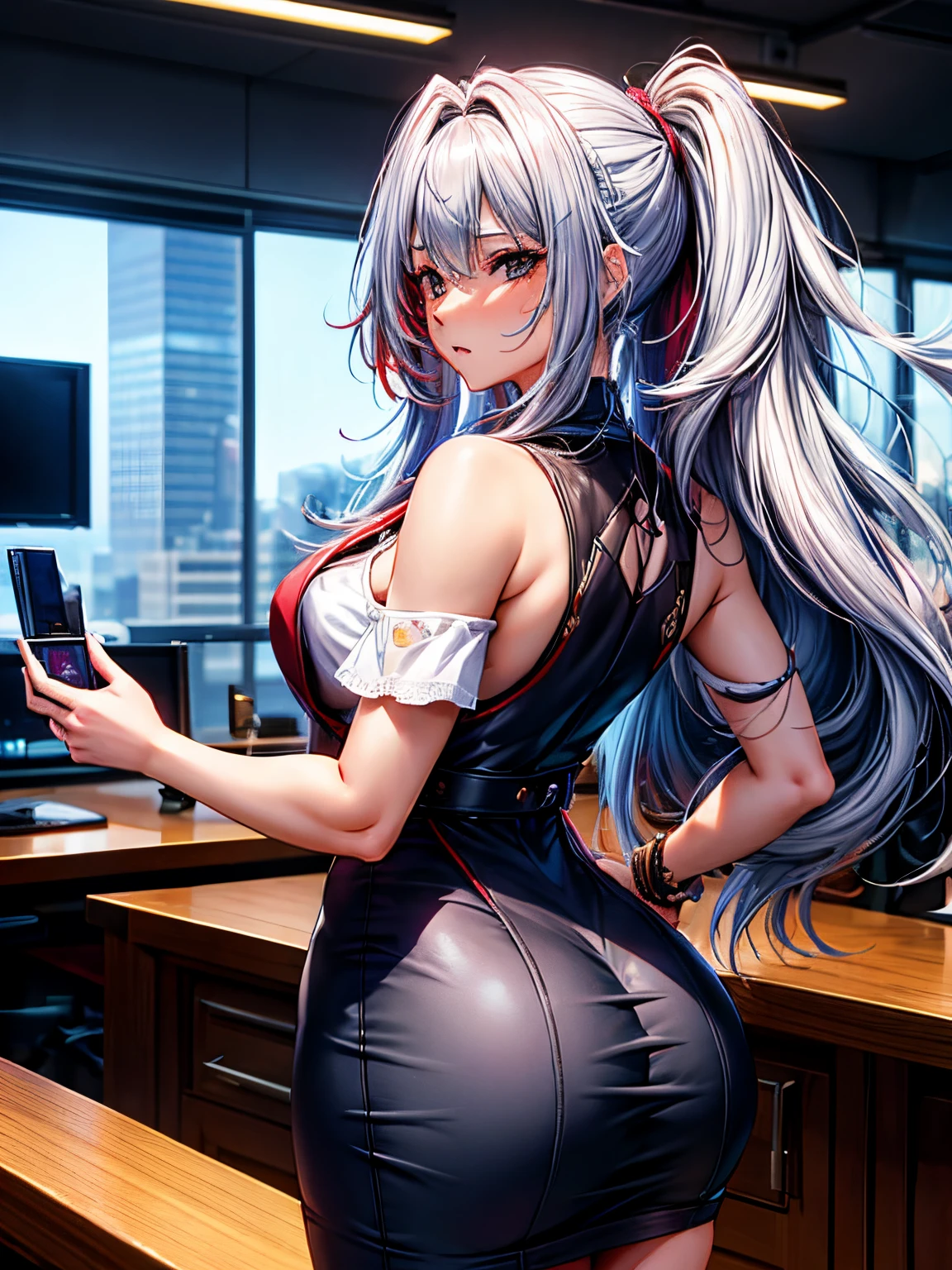 1人の女性，22 years old，energetic，tmasterpiece, Best quality, Thicker lines, silver hair，long hair，a slice of red hair on the right side，big butt，view from back，face looking towards the background，office lady，detailed eyes