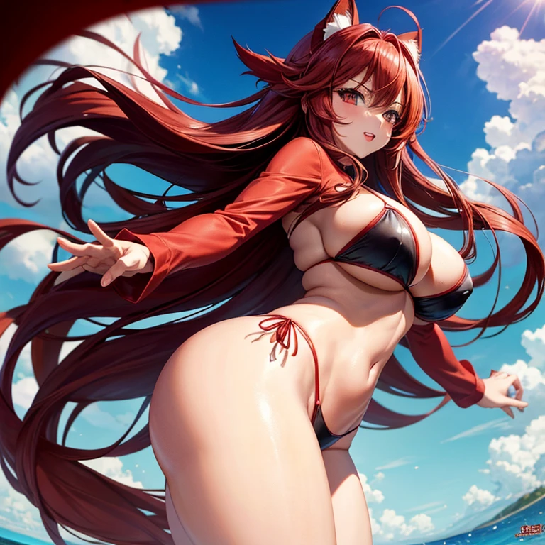 Rias Gremory in red tight bikini with black stockings with big thighs and big breasts in high resolution with an angle from below showing her body..