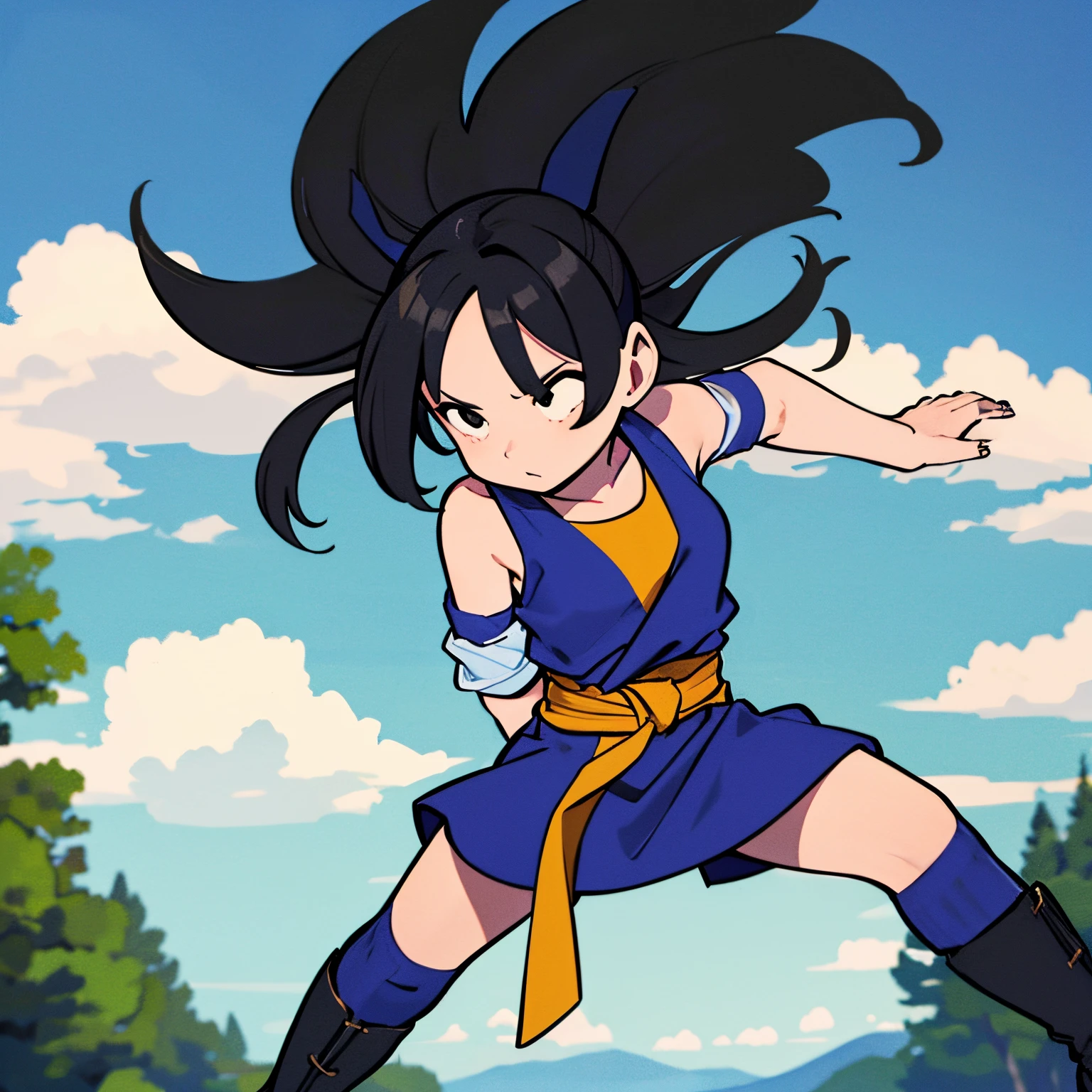 child of Chi Chi and son goku, young adult, medium breasts, black hair, bangs, sidelocks, long hair, slightly spiky hair, 1girl, solo, forest, blue sky, day, clouds, nice lighting, outfit similar to Goku, black sleeveless top, dark blue arm warmers/sleeves, dark blue sash belt, black tights, dark blue boots, black eyes, fighting stance