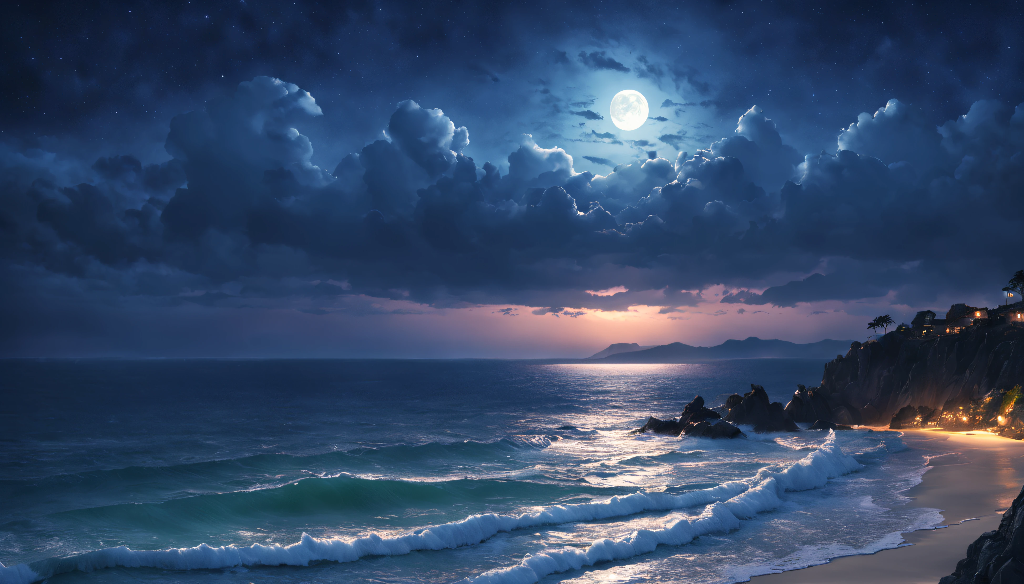 HDR, UHD, 8K, (realisitic,Photorealistic,Realistis:1.37), style of anime, the ocean, moonlit night