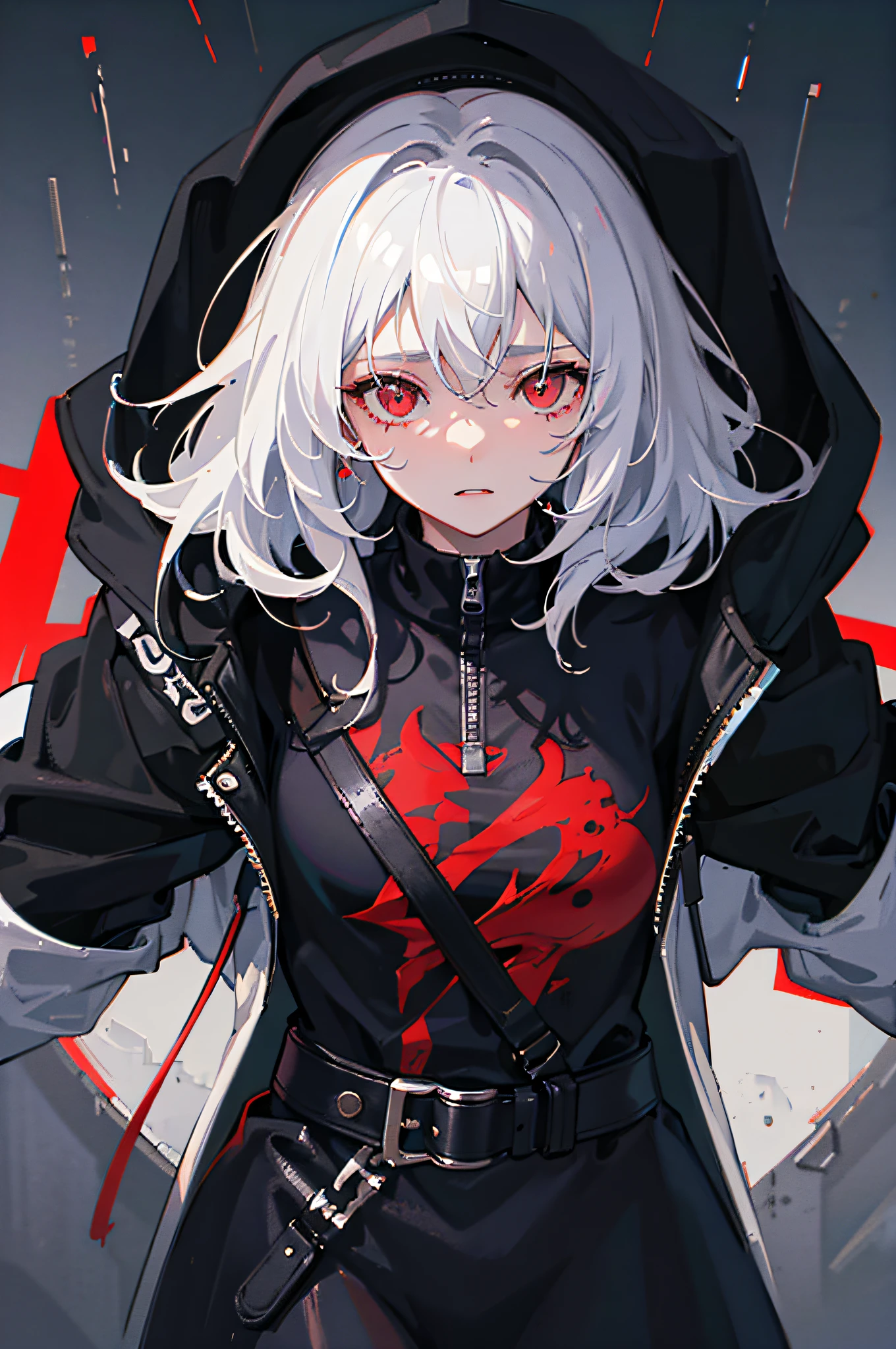 1个Giant Breast Girl, jaket, Sateen, En plein air, hoody, Open jacket, nipple chain, backpacks, Look at the other, messy hair, White hair, red eyes, Hot topics on artstation, 8K分辨率, The very detailed, Anatomically correct, Sharp Images, digitial painting, concept-art, Hot topics on pixiv, Makoto Shinkai's style,