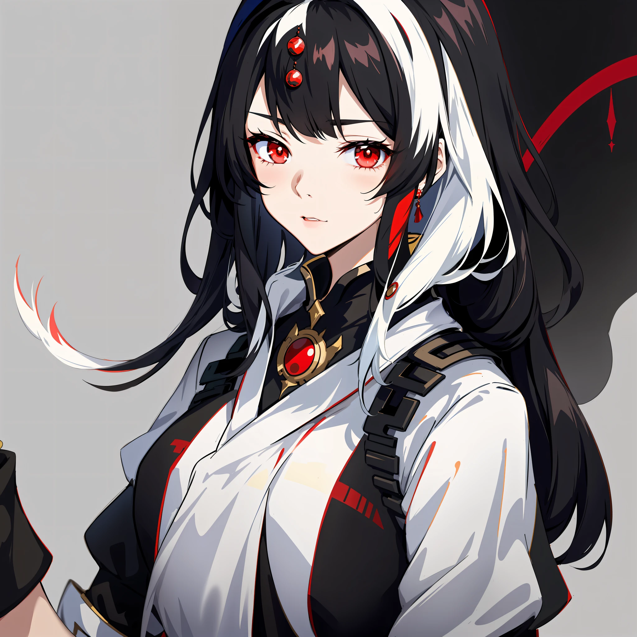 There only one woman with long black hair, red eyes and white clothes in the anime, onmyoji portrait, Anime woman holding dark orb, azur lane style, Beautiful anime woman, Anime cute art style, cute anime, Attractive, anime 21yo female, Black and white hair
