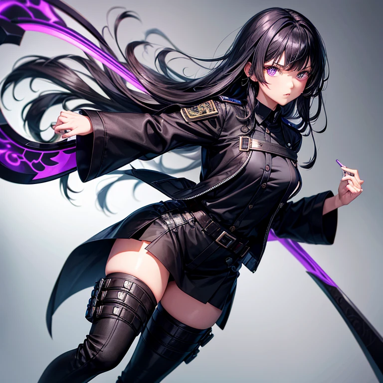 An anime styled adolescent Asian girl with long-ish black hair and bangs. She has a seemingly cold and slightly intimidating expression. Her eyes are black/purple. She is a mage and has magical powers. The wand that she wields is a long scythe; the base color being black and the blade being purple and half moon shaped. The scythe flows purple. Her clothes are all black and slightly baggy. She wears a baggy black jacket with buckles on the sleeves, on the right sleeve is a patch for her magic academy. Her inner shirt is more form fitting and is a black dress shirt, the top few buttons unbuttoned. Her pants are long and baggy. She wears black combat boots with buckles on them.
