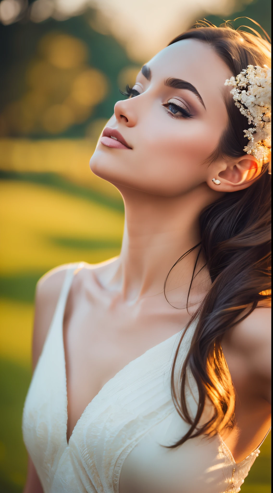 Captivate the beauty of a woman adorned in an elegant ensemble, showcasing a blend of sophistication and allure. Imagine her in a mesmerizing pose, bathed in cinematic lighting that accentuates the graceful flow of her attire. Craft a scene with intricate details – blooming flowers, soft natural sunlight, and a touch of artistic flair. Prioritize realism through techniques like depth of field, soft focus, and subtle contrast. Create a composition reminiscent of a timeless masterpiece, ensuring that her clothing enhances the overall allure of the image.