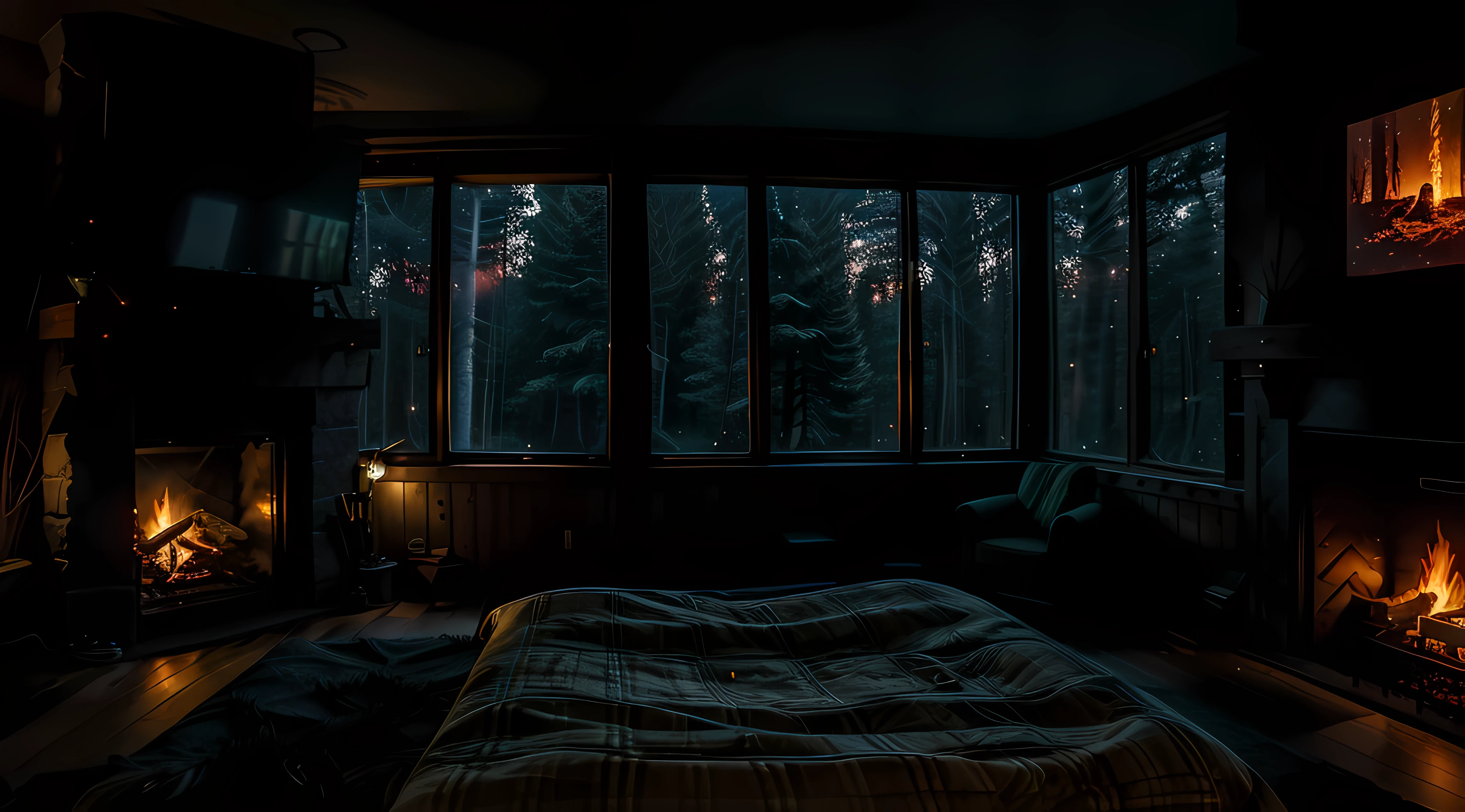 a bedroom with a fireplace in the middle of it, large windows to forest at night, cozy place, cozy atmospheric, cyberpunk bedroom at night, dark bedroom, cozy night fireflies, cozy environment, cozy room, cozy and peaceful atmosphere, dimly lit bedroom, cosy atmoshpere, dreamy atmosphere and drama, dimly lit room, moody cinematic atmosphere