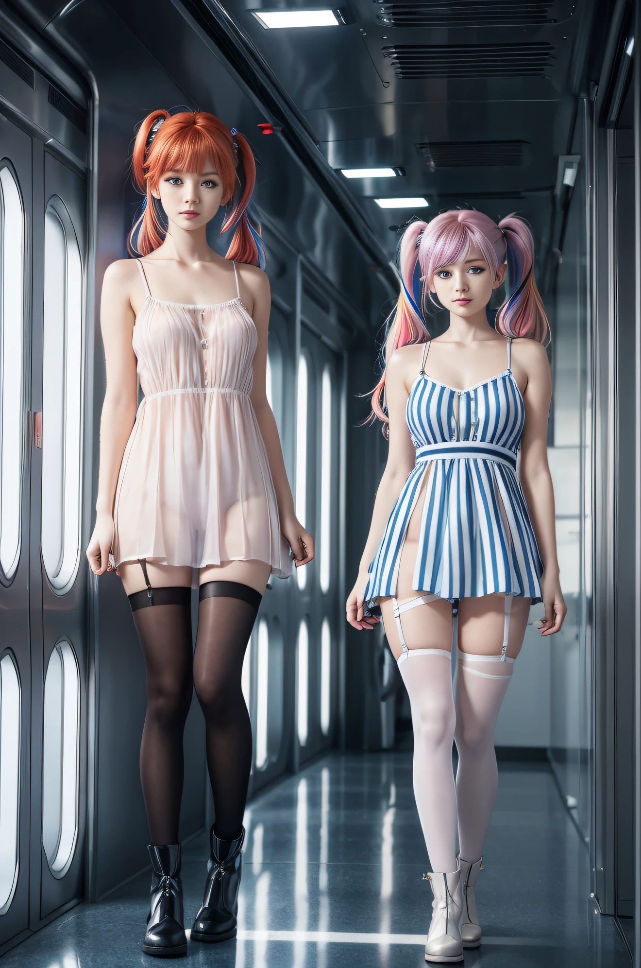 cute redhead with rainbow colored hair tips, ribbons in her hair, 18-year-old woman, happy, in twin tails, perfect symmetrical eyes, clear sparkling blue eyes, pale skin, silky smooth skin, standing on a fancy metal luxurious space ship, futuristic corridor, dark warm lighting, wearing a futuristic (semi-sheer) chemise over tank top and a pleated (chemise) mini dress (pastel colors, and stripes), wearing full body pantyhose, cute short cut booties.