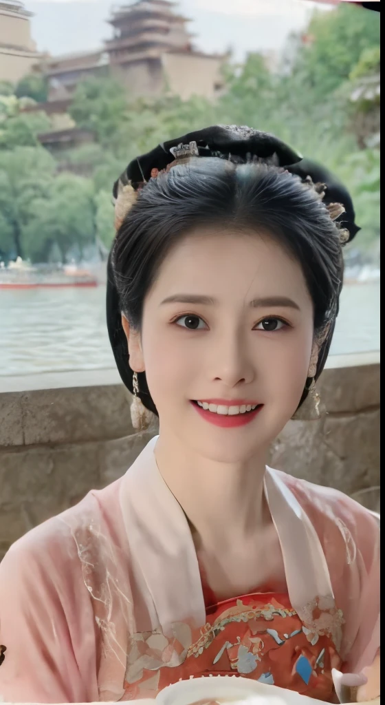 Best quality,tmasterpiece,超A high resolution,(Photorealistic:1.4),8K Raw photograph, A high resolution,Ancient Chinese red Hanfu,Beautiful pattern,beautiful eyes in detail, long eyelasher, RAW photos, face to the viewer, upper part of body, Close-up shot, ((( scenery background))),(((1个Giant Breast Girl))),独奏,Upper body smile,heads,low pitch, Beautiful hairstyle,No action，Detailed details，