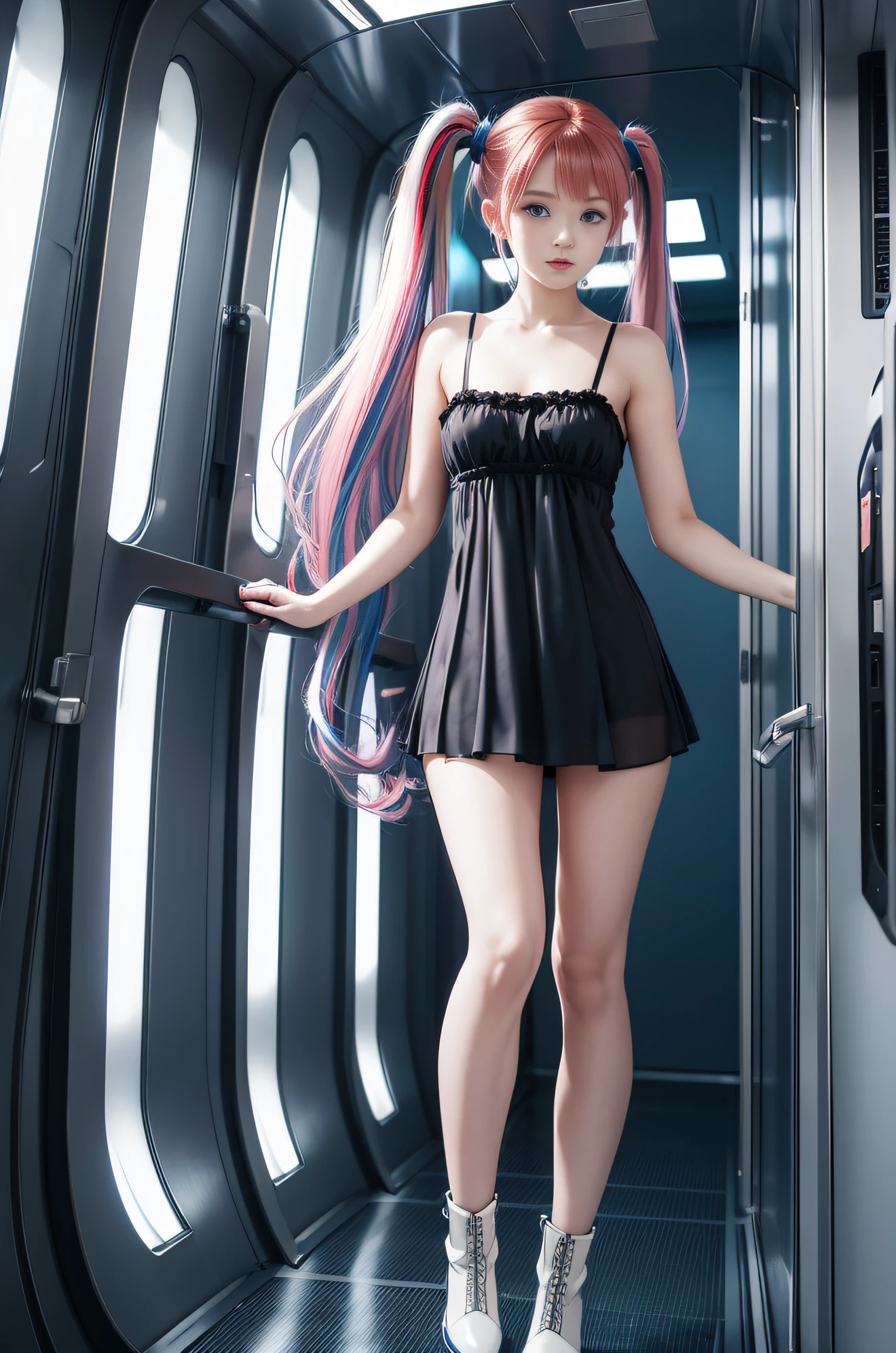 cute redhead with rainbow colored hair tips, ribbons in her hair, 18-year-old woman, happy, in twin tails, perfect symmetrical eyes, clear sparkling blue eyes, pale skin, silky smooth skin, standing on a fancy metal luxurious space ship, futuristic corridor, dark warm lighting, wearing a futuristic (semi-sheer) chemise over tank top and a pleated (chemise) mini dress (pastel colors, and stripes), wearing full body pantyhose, cute short cut booties.