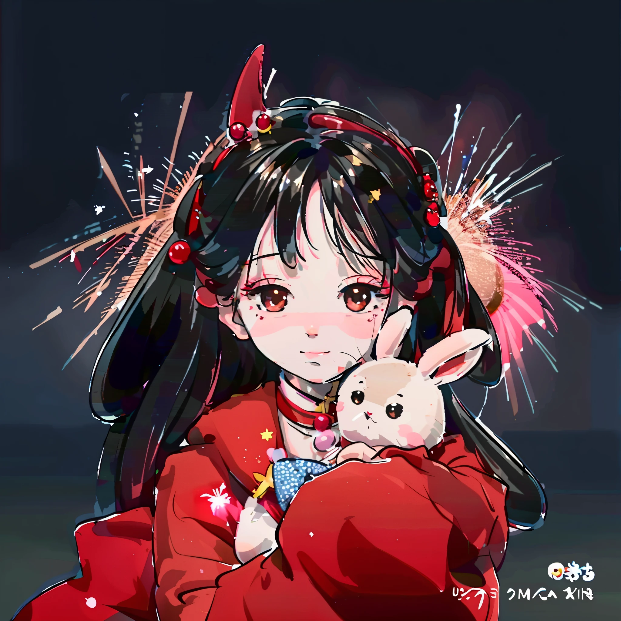 Anime girl holding rabbit and fireworks in night sky, Satoshi Kon's art style, Rin Harusaka, Anime visuals of a cute girl, Official fan art, cute artwork, Satoshi Kon animation, Popular topics on cgstation, cute anime, offcial art, lovely art style, author:Against the sky, shuushuu anime image, High-quality fanart, Ni Duan