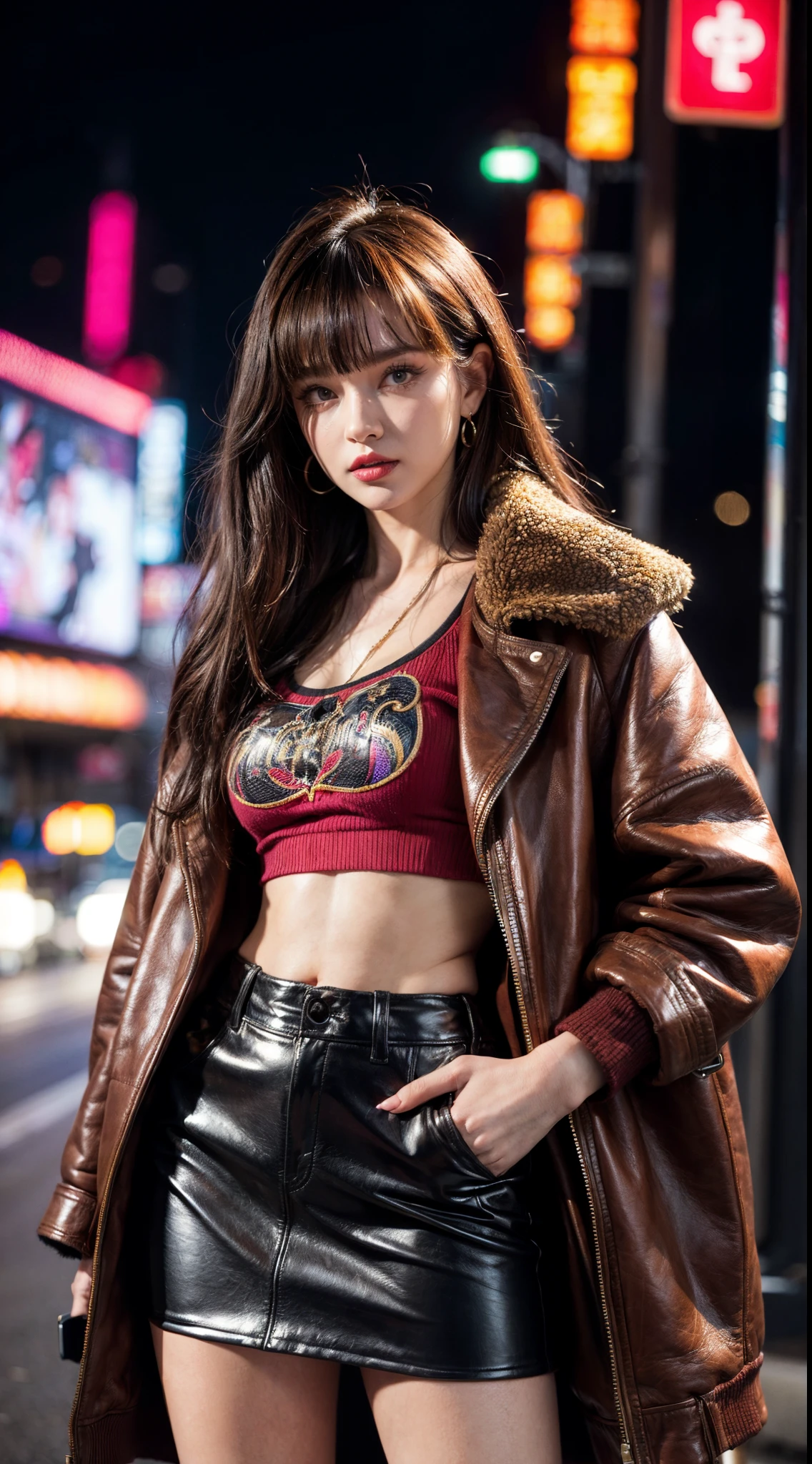 (Ultra-detailed eyes), (((textile shading))), (((Best Quality))), (((masutepiece))), (((Ultra-detailed CG))), sassy girl, (((magical girl))), (Petite), (tiny chest), black hair with bangs, ((, gorgeous hair)), Super Dramatic & Bold Fashion, wearing square nect top, rocked the fiercest girl vibe today, slaying in a KIM SHUI pink tank top, a Jean Paul Gaultier x KNWLS shearling-trim brown bronze leather jacket, and a sizzling KNWLS brown bronze leather skirt., vibrant Super Dramatic & Bold Fashion scene, Super Dramatic & Bold Fashion ambiance, energetic Super Dramatic & Bold Fashion los angeles street:0.2 Super Dramatic & Bold Fashion image of a women Super Dramatic & Bold Fashion outfit, immersed in the vibrant atmosphere of a Super Dramatic & Bold Fashion. His attire reflects the fashion trends of the era Super Dramatic & Bold Fashion. The city scene alive with Super Dramatic & Bold Fashion lights, a lively Super Dramatic & Bold Fashion street city, and people moving to the rhythm of the night. The nostalgic ambiance transports viewers back to the vibrant and energetic era of the Super Dramatic & Bold Fashion, capturing the spirit of fun, , and self-expression that defined the Super Dramatic & Bold Fashion culture. Night