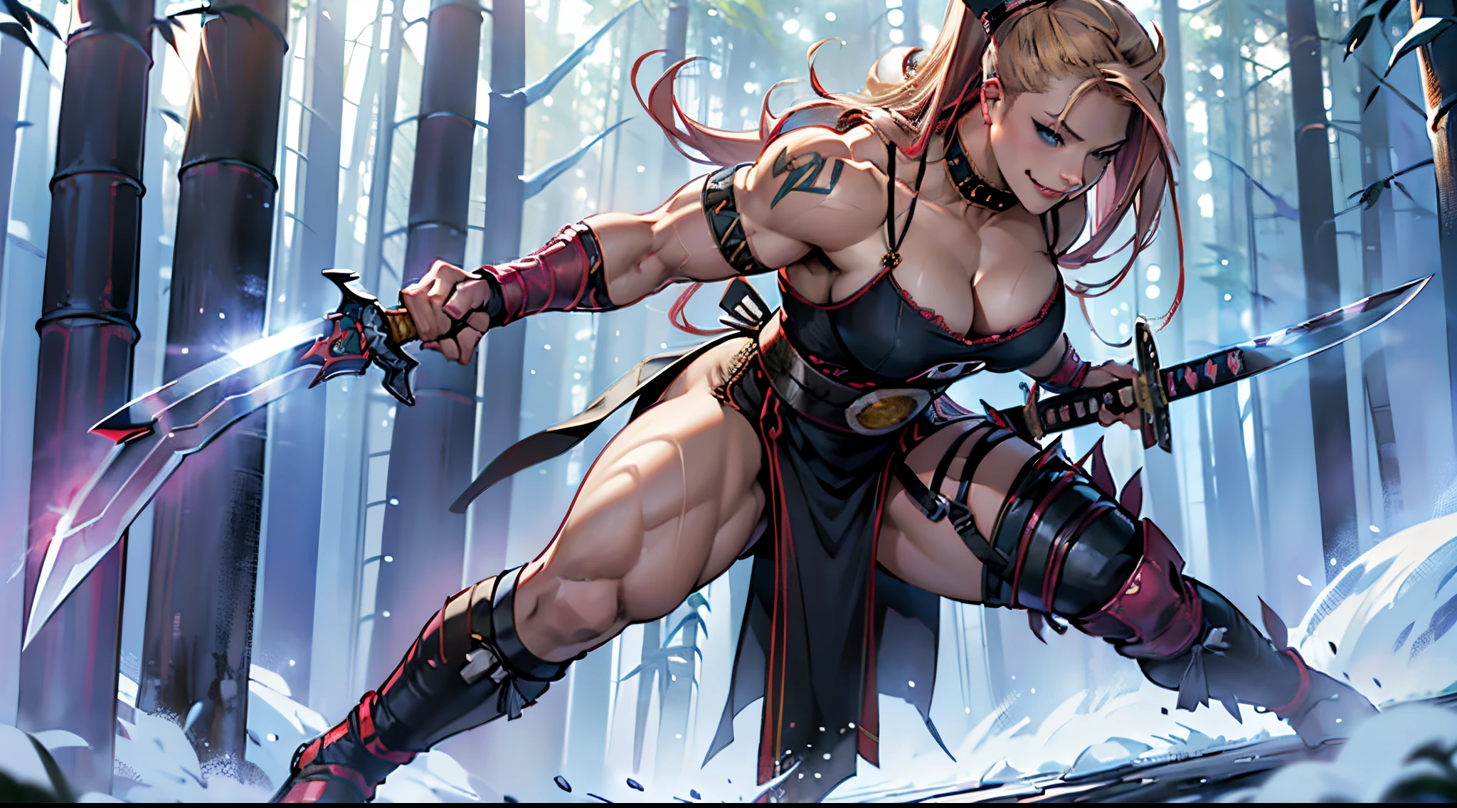 (head to toe) , (superhero samurai) (((Avril Lavigne))), ((bodybuilder)), ((H-cup breast)), ((21 years old)), sexy smile, posing, busty, fire superpowers, at midday, frozen bamboo forest, (holding sword), full body model shot, panoramic