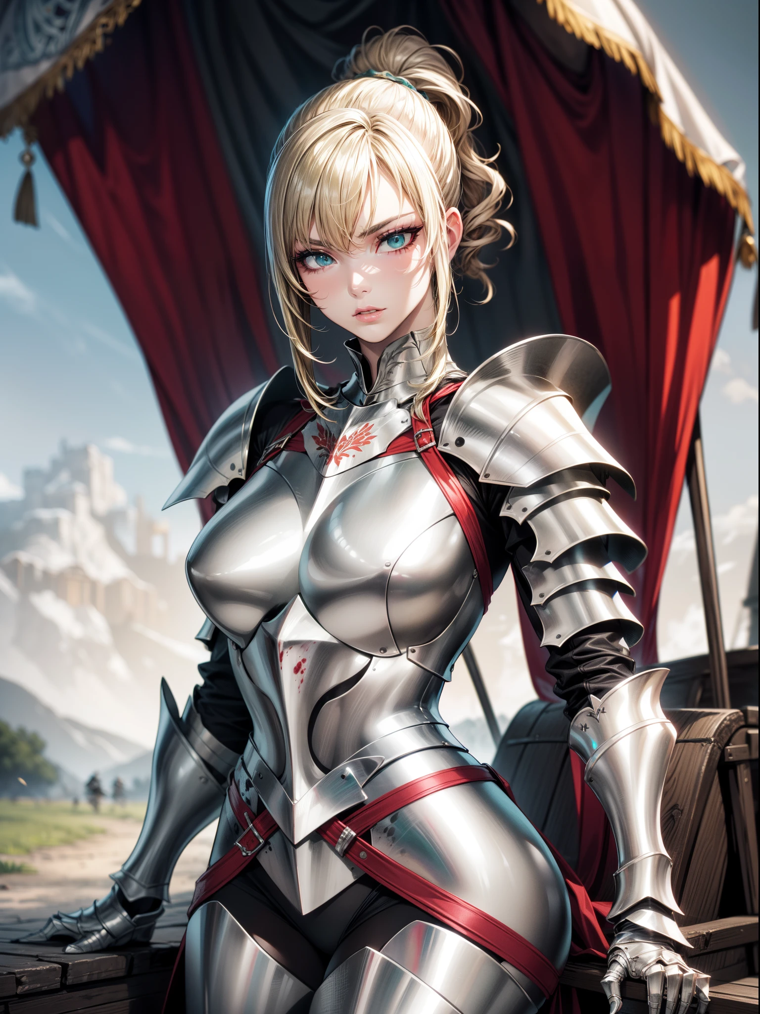 Solo best quality, masterpiece, extremely detailed CG, extremely detailed 8K wallpaper, beside a carriage, broken carriage, bodies of dead guards around girl, light, extremely detailed character ultra-detailed, detailed face, beautiful, solo girl, perfect face, sharp focus, intricate details, ultra detailed body, ultra detail hair, ultra detail face, very pale, knight, blonde hair in a ponytail, teal eyes, wearing metal armour of a knight, blood on Armor, knight, wearing a red mantle, knight girl, large breasts, metal gauntlets, metal boots, on a dirt road, green field, carriage, fantasy, holy knight, long hair, smoky eye liner, stern face, silver and white clothing. cowboy shot, medieval fantasy