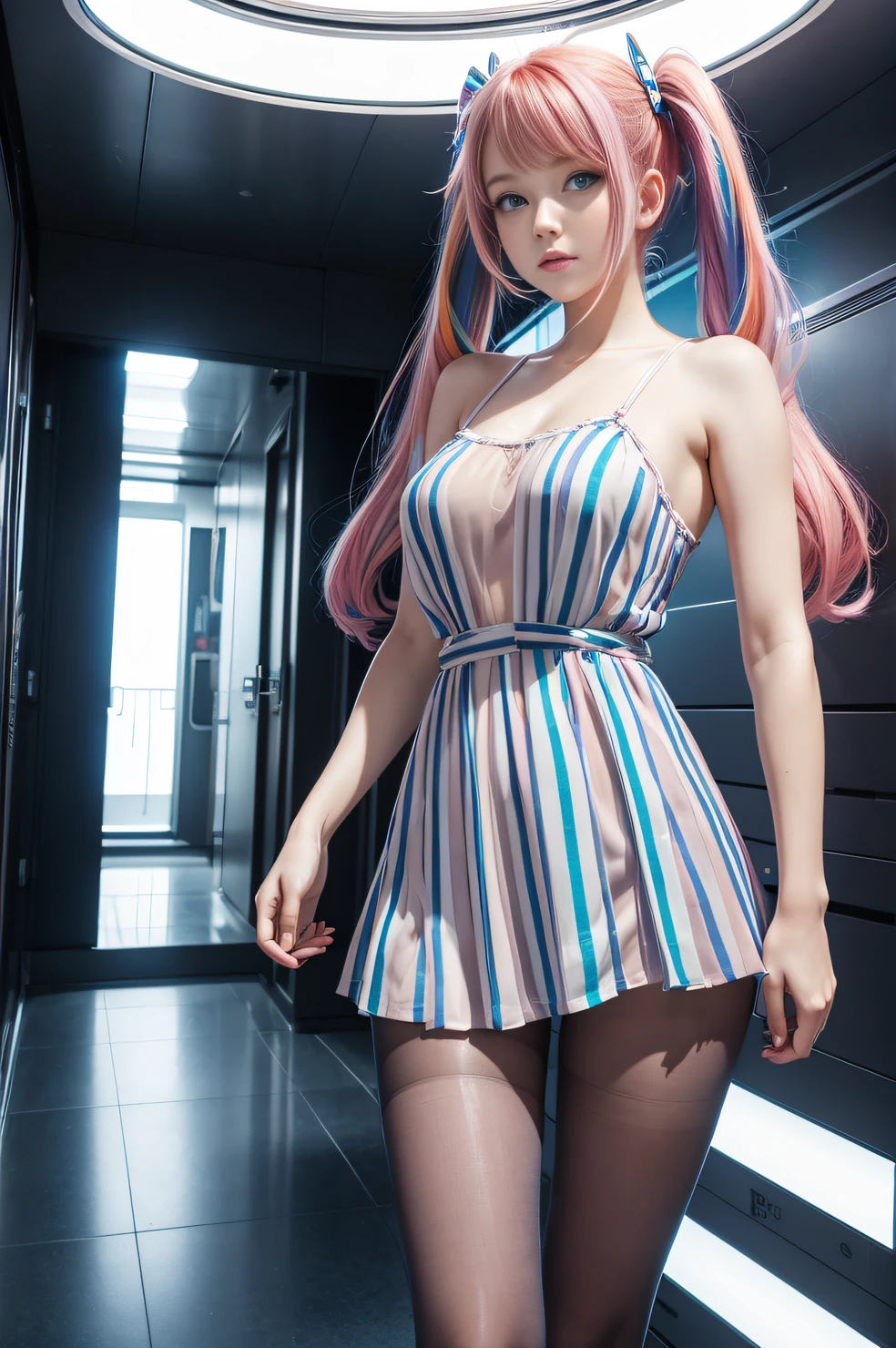 cute redhead with rainbow colored hair tips, ribbons in her hair, 18-year-old woman, happy, in twin tails, perfect symmetrical eyes, clear sparkling blue eyes, pale skin, silky smooth skin, standing on a fancy metal luxurious space ship, futuristic corridor, dark warm lighting, wearing a futuristic (semi-sheer) chemise over tank top and a pleated (chemise) mini dress (pastel colors, and stripes), wearing full body pantyhose, cute short cut booties.