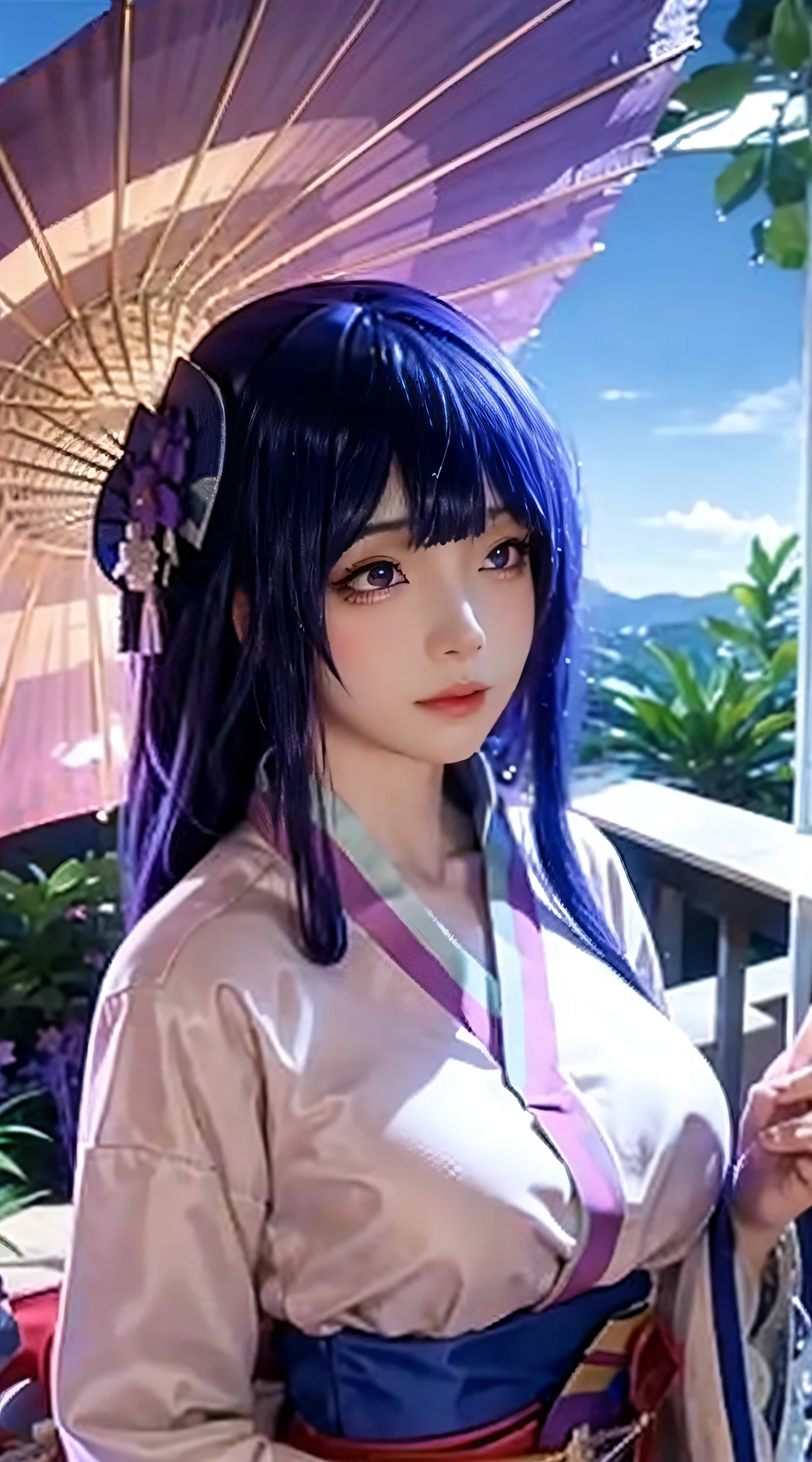 最高品質, masterpiece, high-detail, Reflects light realistically, 1 girl, Upper body, Shogun Raiden, (ulzzang-6500-v1.1:0.5), Big breasts, perfect face, Clear eyes, long-haired, purple hair, Hair Decoration, sky of lightning, night sky, Ancient building in the background, shallow depth of field, looking at the audience,