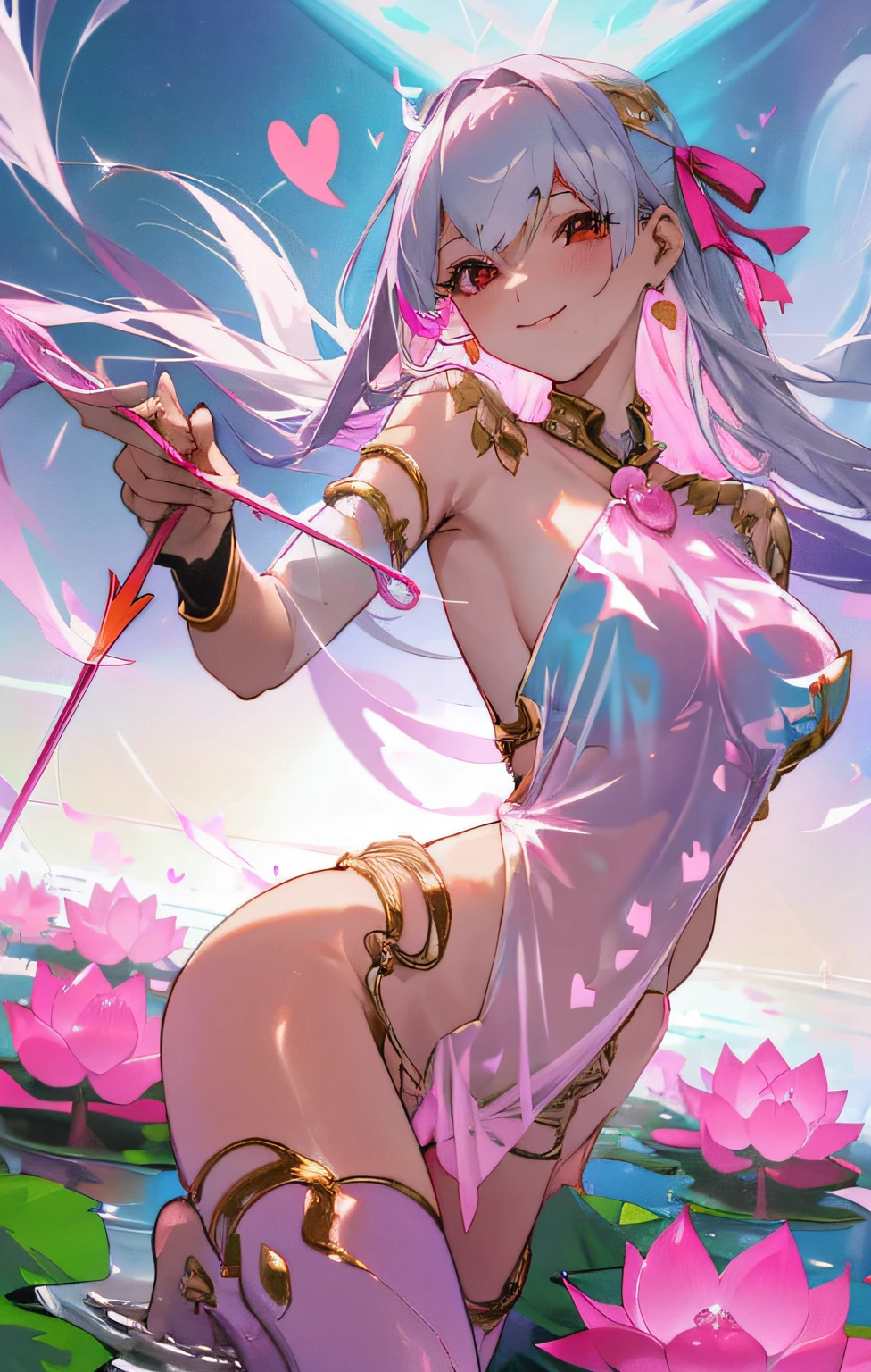 age Kama sitting in shallow water, holding a pink heart-tipped arrow, 2nd ascension outfit, shiny clothes, see-through clothes, erotic pose, cosmic love goddess, seductive smile, lotus field back ground, floating pink hearts
