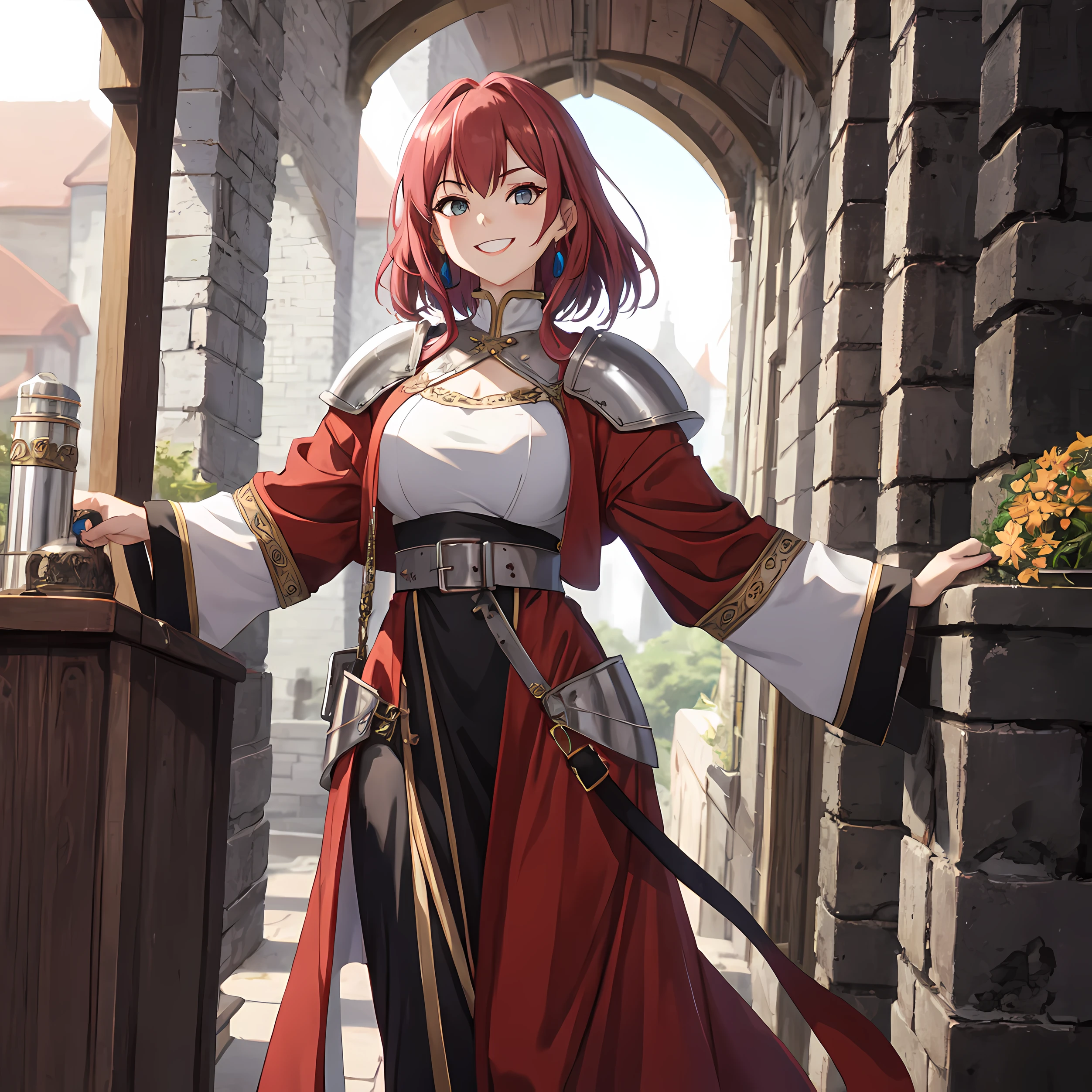 Portrait of a solo smug female sorcerer beautiful dress mixed with steel armor in a medieval high fantasy ISEKAI setting, vibrant colors, upbeat tone, energetic, happy to see you, 90's, vintage feel