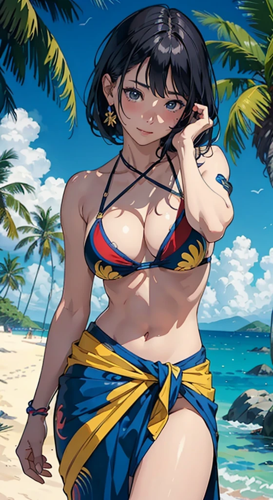 ​masterpiece、top-quality、超A high resolution、 [ 4 k digital art ]!!、 8k high quality detailed art、Wallpaper、 Detailed Digital Anime Art、Realisticity、Cinema Angle、hposing Gravure Idol、((One Beautiful Girl))、cute  face、 (((Detailed depiction of a beautiful face)))、kindly smile、年轻、Bikini swimwear、Photorealistic perfect body、(Bold ethnic patterns wrapped around the waist and skirt and plenty of primary colors)、light Particle、llight rays、Tropical、Against the background of palm trees on both sides、on a sunny beach、Against the background of the sea、blur backgroun、