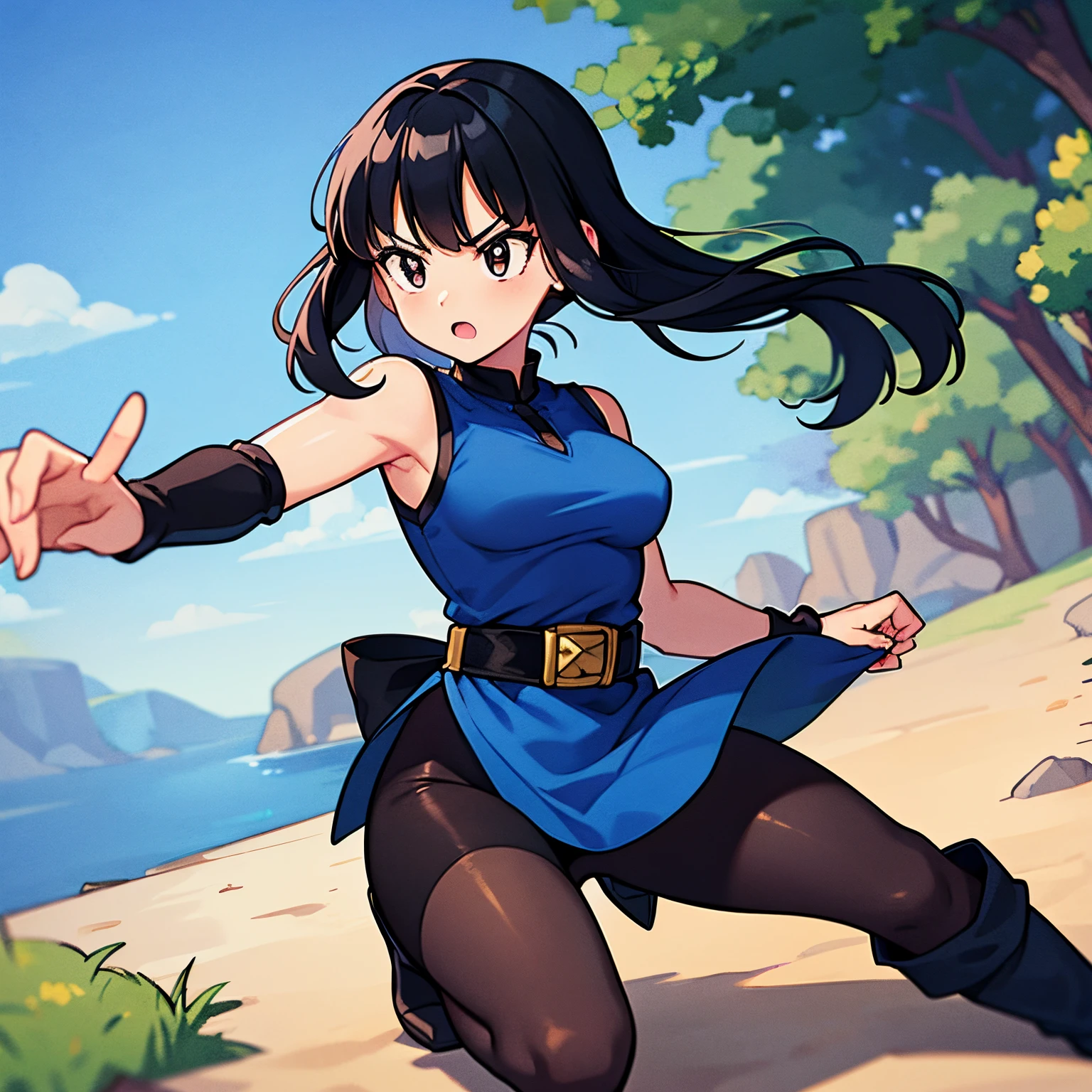 Daughter of Chi Chi and son goku, young adult, ((medium breasts)), black hair, bangs, sidelocks, long hair, slightly spiky hair, ((1girl)), ((solo)), forest, blue sky, day, clouds, nice lighting, ((tight black sleeveless top)), ((dark blue arm warmers/sleeves)), ((dark blue sash belt)), ((black tights)), ((dark blue boots)), ((black eyes)), fighting stance