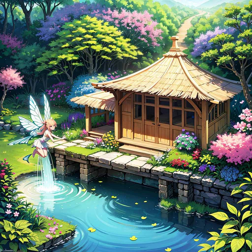 (best quality,4k,8k,ultra-detailed,realistic:1.2),fairy village,beautiful flying fairies,magical atmosphere,fantasy scenery,enchanted forest,colorful flowers and plants,sparkling lights,golden sunbeams,peaceful and serene,small cottages with thatched roofs,winding pathways,tiny bridges over babbling brooks,moss-covered stones,majestic waterfalls,glistening ponds,whimsical butterfly trails,vivid and vibrant colors,soft pastel tones,soft and diffused lighting,ethereal and dreamlike,delicate and intricate details,mythical creatures,happiness and joy,spark of magic and wonder