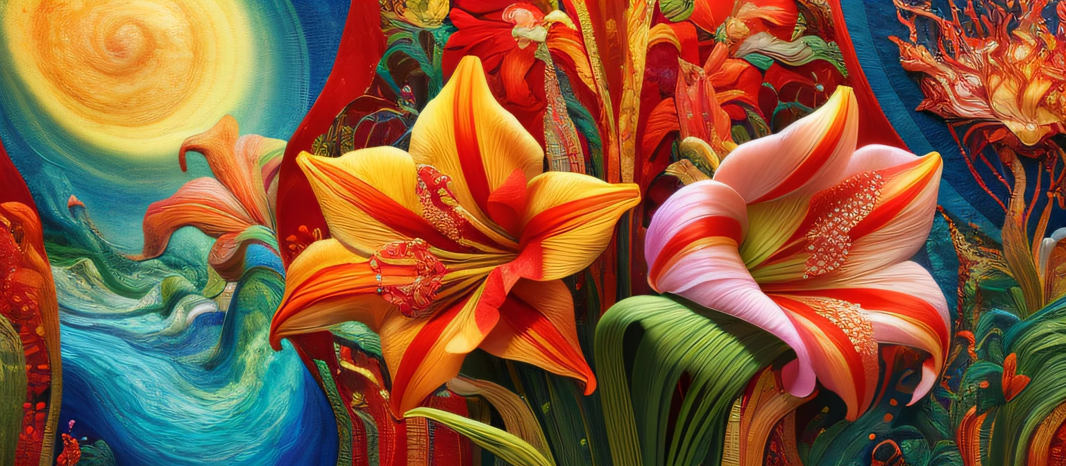 Best Quality, Masterpiece, extra high resolution, (photorealestic:1.4), surrealism, dream-like,
Amaryllis blooming, ((abstractionism)),
embroidery,