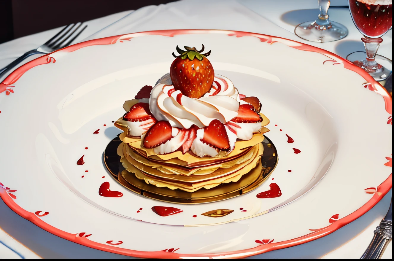 There are three mille-feuilles with strawberries on top., confections, Pastries, 4k polymer clay food photography, by Arthur Pan, High-quality food photography, Award-winning crisp details", very intricate, Award-winning crisp details", dessert, professional food photography, Inspired by François-Louis Thomas Francia, close up food photography, Great food pictures