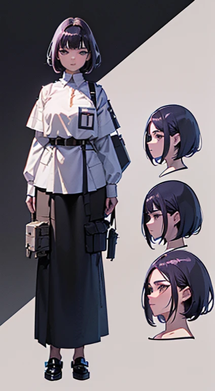 ((Best quality at best)), ((tmasterpiece)), ((actual)) 19 years old, black hair girl, Shoulder-length hair, Expressionless face, restrained flirting gesture ((Elongated)) (Plump), ((( White cargo shirt ))) ((sexy for )) textured pixie haircut,Floating cannon (((Detailed character list, Frontal view, Side view, three fourths view))) (((white backgrounid))) 7 heads all body
