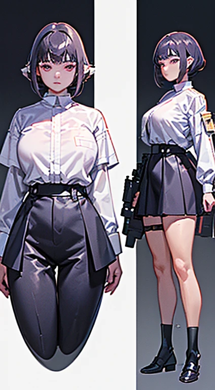 ((Best quality at best)), ((tmasterpiece)), ((actual)) 19 years old, black hair girl, Shoulder-length hair, Expressionless face, restrained flirting gesture ((Elongated)) (Plump), ((( White cargo shirt ))) ((sexy for )) textured pixie haircut，Floating cannon (((Detailed character list, Frontal view, Side view, three fourths view))) (((white backgrounid))) 7 heads all body