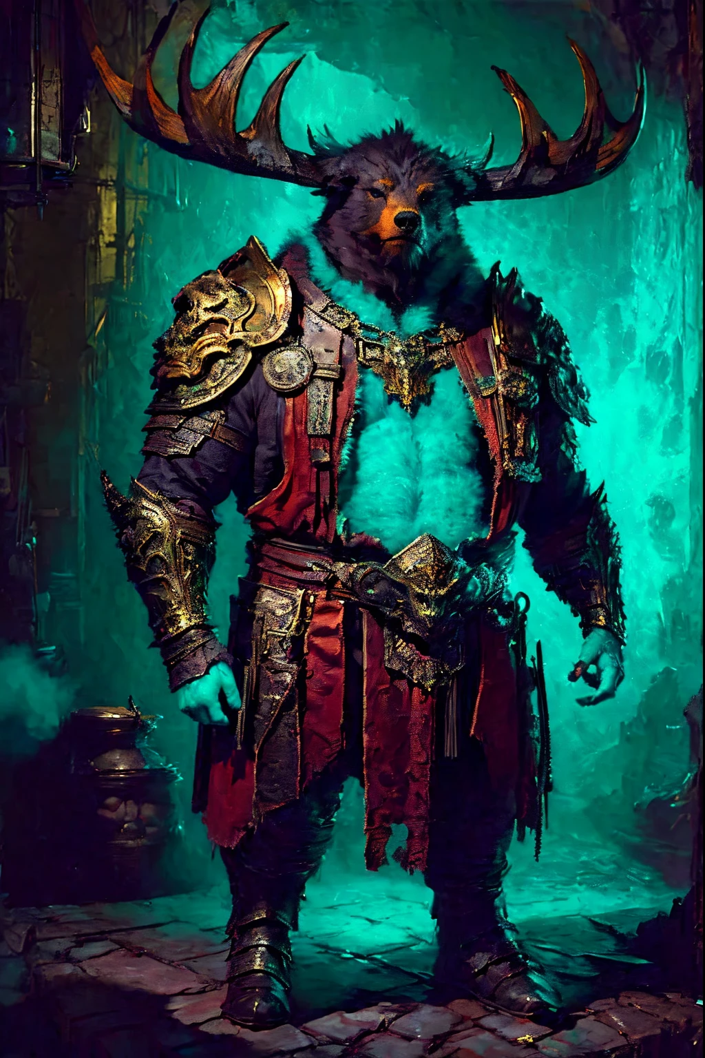 's, gothic art, lightand shade contrast, Standing painting, estimate, holland angle, emphasis lines, tmasterpiece, acurate, Anatomically correct, A high resolution, Best quality at best, super detailing, Award-Awarded，D14BL0 style druid，humanoid monster man，Be physically fit，upper part of body，Rough face，There  no armor，animal skin wrapping body，Get along with bears and other animals, eagle and deer，Epic war fantasy digital art，(greg rutkovsky:0.8), (cyan and orange:0.4），People drawing, Standing painting